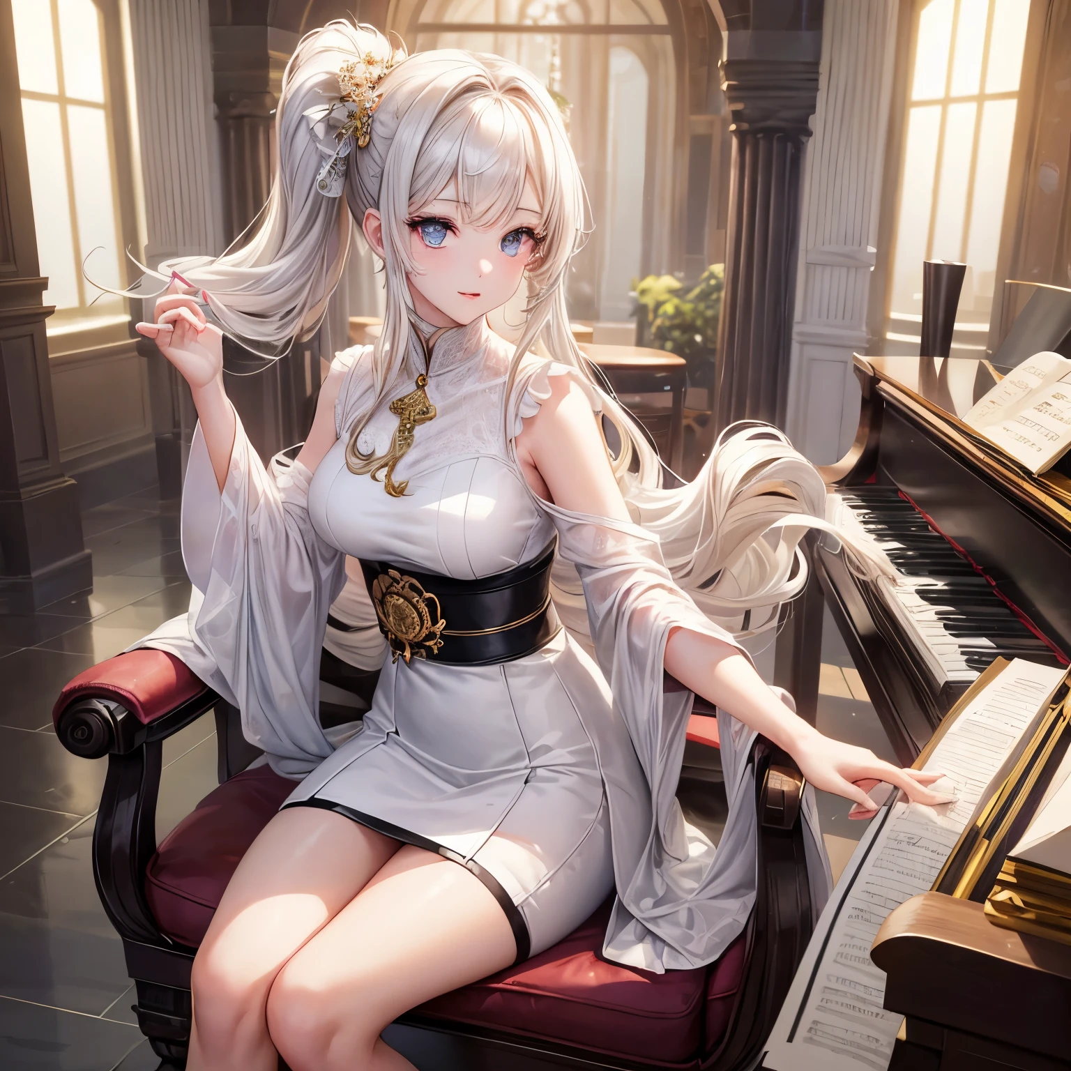 masterpiece、((focus on the face))、((symmetrical facial features))、Eyes of meticulous depiction、Beautiful woman、outstanding style、slender body、in front of the piano、A modest 25-year-old woman is sitting on a chair。（Wearing a white blouse and pencil skirt）、Her appearance gives a sophisticated impression。Your fingertips dance gracefully across the keyboard、Her performance creates a beautiful melody。She quietly surrenders her heart to the music、The audience is captivated by her graceful appearance and the sound of her music.、Shooting at high angles、Biologically correct limbs、correct hand drawing