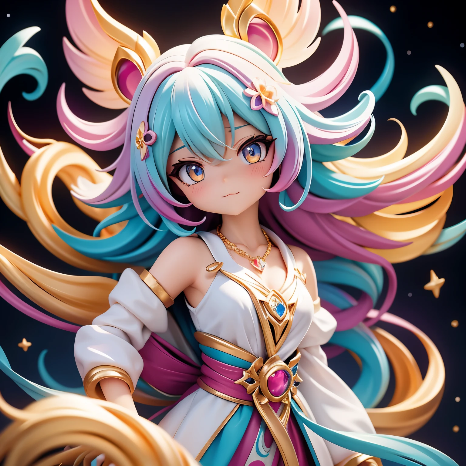 Close-up of a woman with rich and colorful hair and necklace, Cosmic hair anime girl, The soft vibrancy of Rossdraws, Gouves style artwork, fantasy art style, rich and colorful], Vibrant fantasy style, Rossdraws cartoons are vibrant, cosmic and rich and colorful, guweiz, rich and colorful digital fantasy art, Stunning art style, Beautiful anime style, White skin, chivalrous costume,