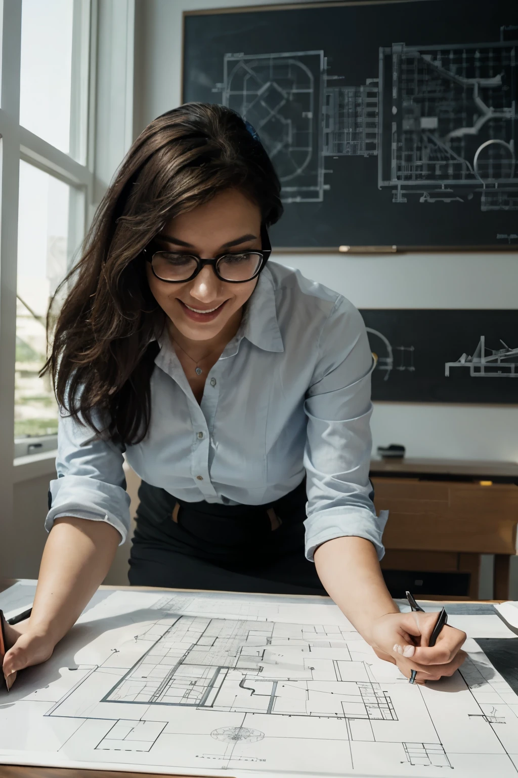 woman with dark hair in glasses drawing on the blueprint and looking down at the table, smiling, architect, architectural planning, architectural, architect studio, an architectural, professional drawing, quality draughtmanship, architectural plans, true realistic image, professional artwork, architectural presentation, white modern interior with sunlight