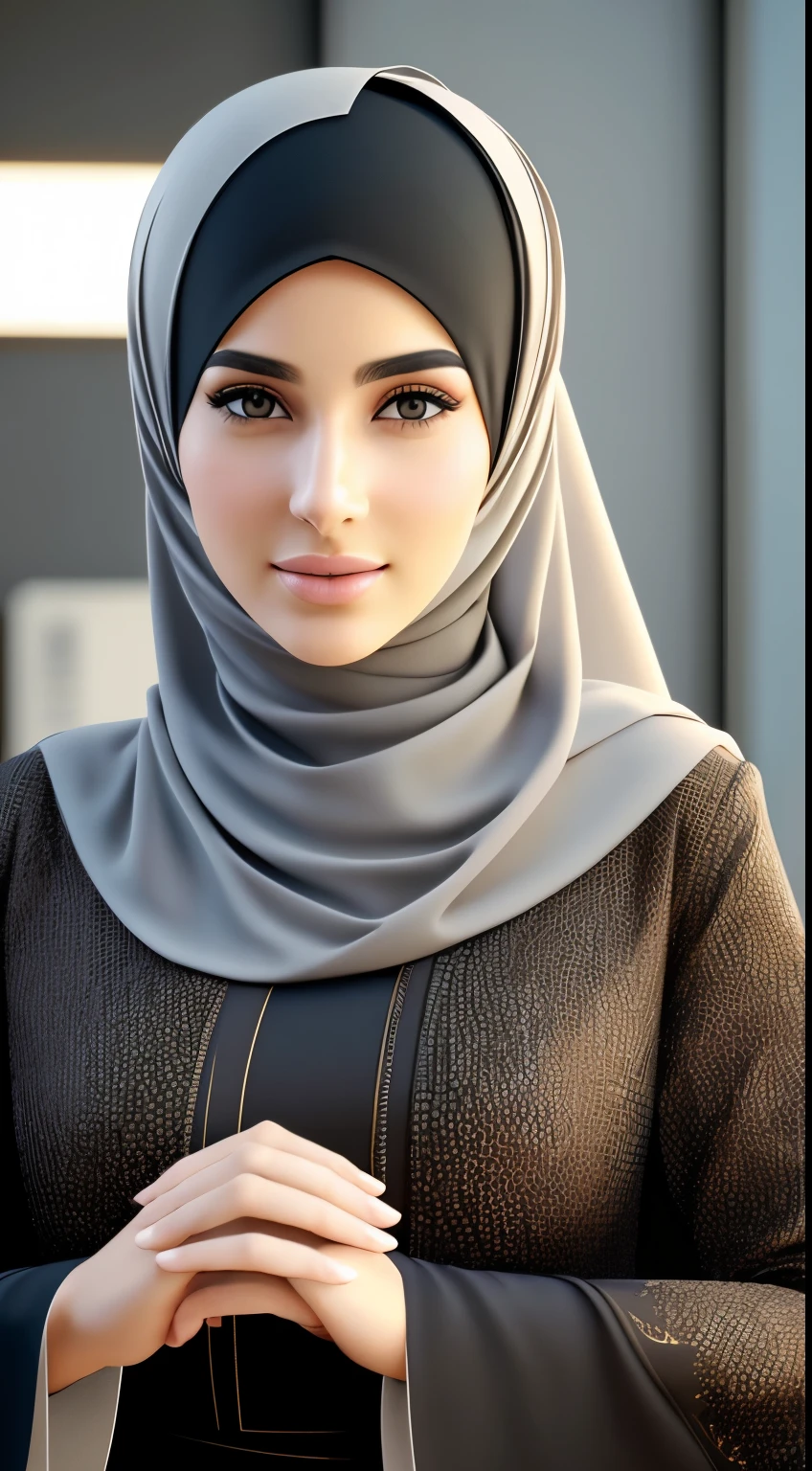 Realistic muslim veiled woman, peau brune, yeux fonce, Parfait and flushed lips, 20ans, vêtue d’une robe abaya blanche, ultra realistic, Parfait lighting, Photorealistic, Very detailed, Parfait, hyperréaliste, real person, Lots of sharpness, cinema lighting, assis sur le bureau face à un coran , Salle de bureau moderne et apaisante, realistic detail, Crazy Detail, natural lighting, peau naturelle, Résolution du fond d'screen: 16 x 9