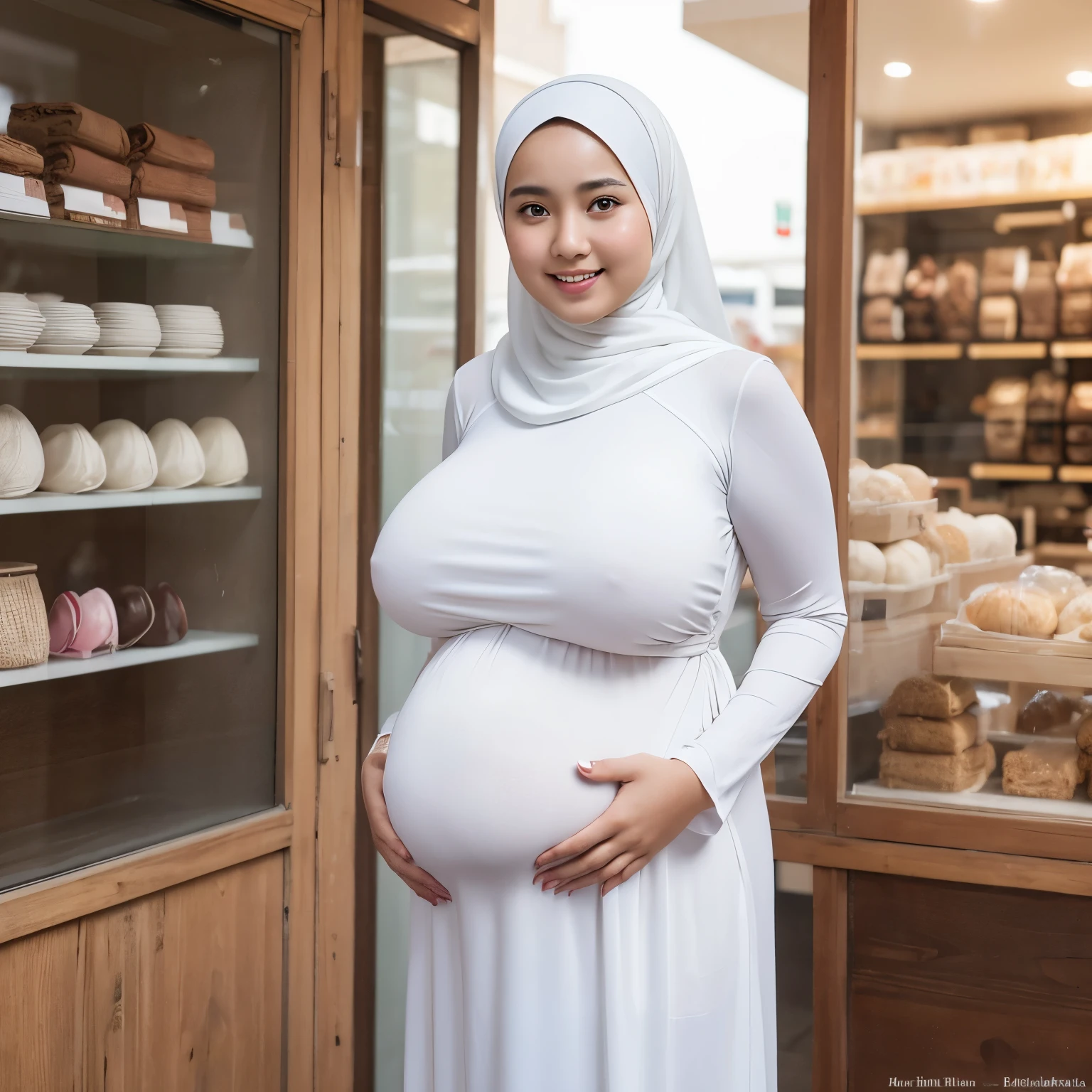 18-Years-Old,Female Store owner, Hijab Beautiful Indonesian Woman, Wearing Tight Gamis, white Skin Like Porcelain, Realistic Ultra Gigantic Brea1.9,realistic wrinkels body, realistic Curvy body, PP cup Breast, (hegnant),Seducting Look, Lustful smiling,nding in front Of her Store's
