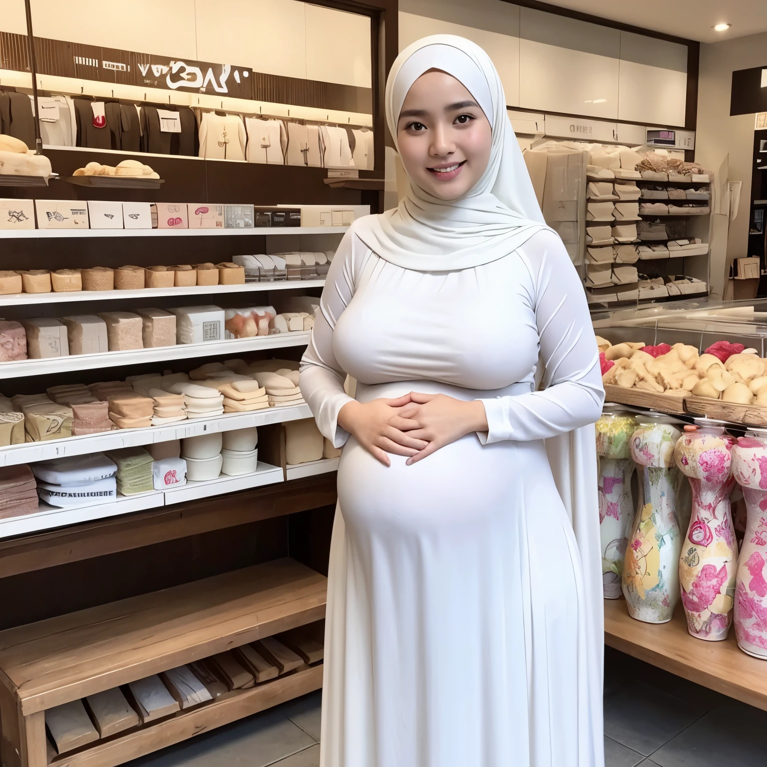 18-Years-Old,Female Store owner, Hijab Beautiful Indonesian Woman, Wearing Tight Gamis, white Skin Like Porcelain, Realistic Ultra Gigantic Breast : 21.9,realistic wrinkels body, realistic Curvy body, PP cup Breast, (huge pregnant),Seducting Look, Lustful smiling, standing in front Of her Store's