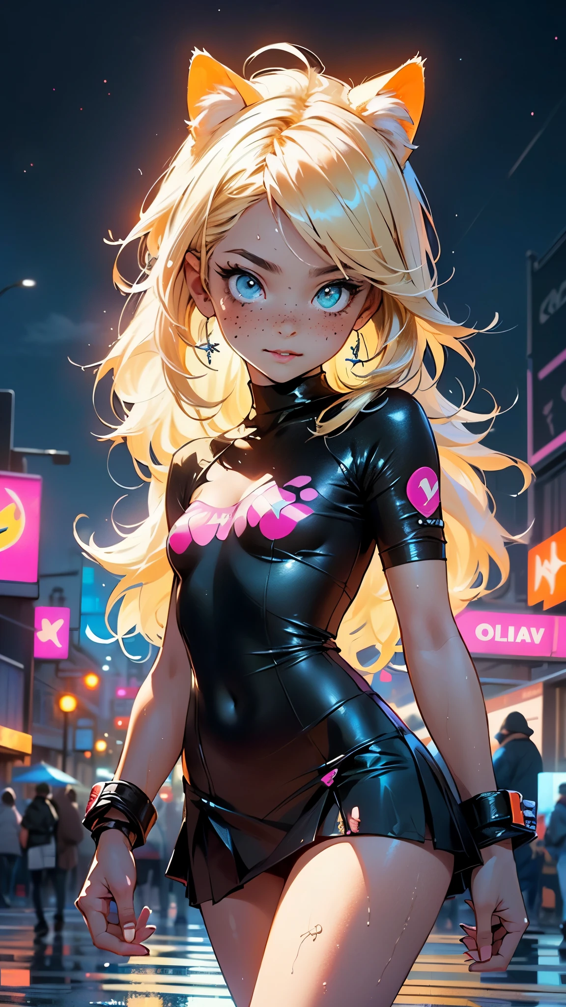 girl swimmer,((girl with extremely cute and beautiful blonde hair)),
(large breasts:1.4),saggy breasts,(((very light blonde ponytail hair:1.35,straight hair,ponytail long hair:1.4,colored inner hair,ear breathing))),((heterochromia:1.5, (pink_eye and yellow_eye))),intricate eyes,beautiful detailed eyes,symmetrical eyes,((fat)),(((lustrous skin:1.5,bright skin: 1.5,skin tanned,shiny skin,very shiny skin,shiny body,plastic glitter skin,exaggerated shiny skin,illuminated skin, wet legs))),(spider lower abdomen,narrow waist,wide hip,athletic body,inflated legs, thick thighs,detailed body,(detailed face)),
cute,slutty,seductive,erotic,((nsfw)),
zettai ryouiki,((two-piece swimsuit magenta,wearing a bikini outfit:1.3,sport bikini)),(rgb headphones:1.5,cyber gloves:1.5,huge mech-gloves),((wet clothes,intricate outfit,intricate clothes,intricate swimsuit, intricate bikini)),
(dynamic pose:1.0),embarrassed,(centered,scale to fit dimensions,Rule of thirds),
cyberpunk city by the ocean at night, with bright neon signs and dark stormy clouds and puddles, scenery:1.25,nighttime, starry night, cosmos,Very dark night that makes the neon lights stand out, very bright neon lights,nighttime, starry night, cosmos,
artistic photography,(photography taken by sldr),highres, sharp focus,(ultra detailed, extremely detailed), (photorealistic artwork:1.37),(extremely detailed CG unity 8k wallpaper),((synthwave background theme)),(((vibrant colors))),intricate,(intricate background),(masterpiece),(best quality),perfect rendered face,perfect face details,realistic face,photo realistic,analog style,((intricate detail)),(((realism))),