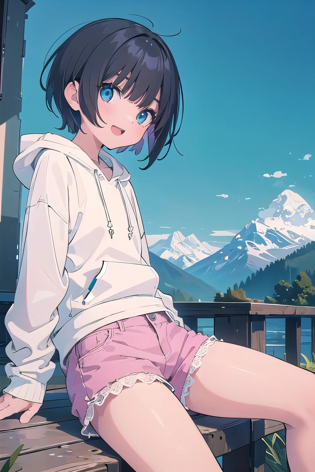 (masterpiece:1.2), (highest quality:1.2), perfect eyes, perfect face, perfect lighting, mountainous horizon, 1 boy, black hair, blue eye, ((very short back hair)), blunt bangs,Medium chest, , (((from below))), open mouth, vivid description,orgasm, I was scared, Ahegao, smile+Happy, tooth, anger, From the side, She is wearing pink shorts with jeans textured lace, wears hoodie in yellow modern style fashion, sitting,