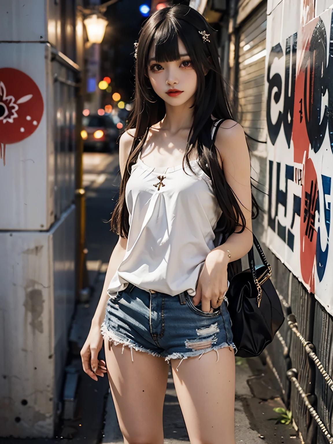 raw photo, 8k, (top-quality), Realistic, (real picture, Intricate details), (natural skin texture, detailed skin, hyper realism, sharpness), (Japanese teenage girl standing in a dirty back alley at night, hands on hip, graffitied wall:1.3), ((white camisole dress, lace camisole)), (((flat chest:1.5))), (pale skin:1.5), ((long straight hair, blunt bangs)), (seductive face, provocative look, Parted lips:1.3, eye shadow:1.3, eyeliner, red lips:1.2, undereye circle:1.3), graffiti:1.5, trash can, night time, spot lighting:1.3, Full body shot