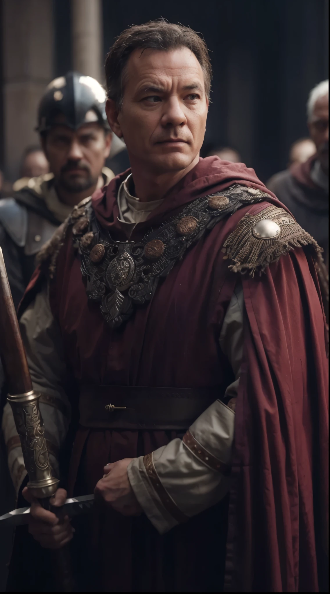 a man in a red cloak holding a sword, perfect face template, modern roman empire, bryan cranston, tom hanks with thick eyebrows, uncle aloysius, trending on imdb, caesar, gerald, name of the character is chad, with his back to the viewer, stern, subtitles, inspired by Joseph Heintz the Elder, cable, pillars, voitv