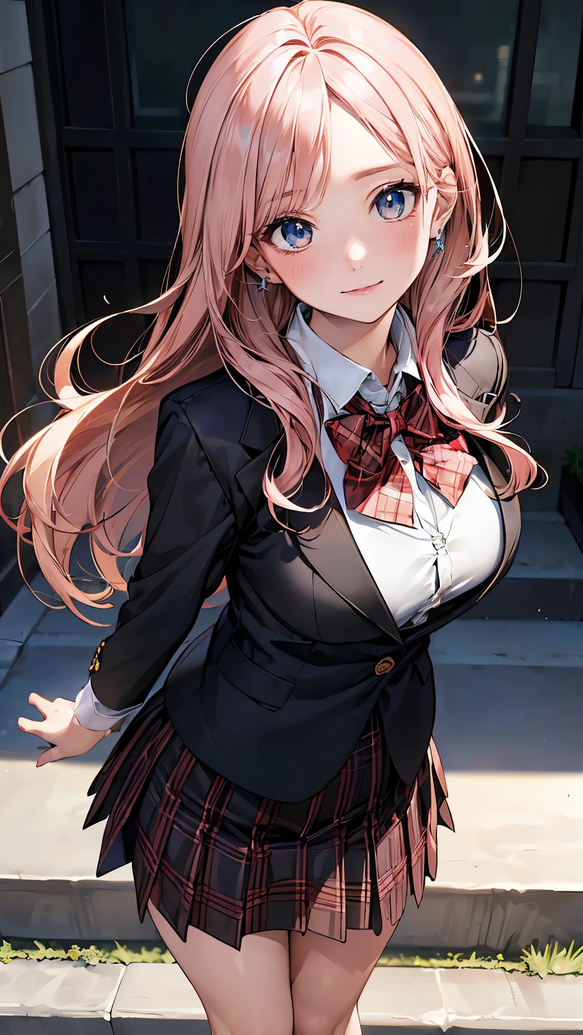(1male people:Student uniform、Black tie、The jacket is a gray jacket, White shirt, Gray trousers、One ear only, one earring,、a blond、Golden Eyes、a smile、tall、tall、Tall、a handsome、refreshing)、(1female:long pink hair、Pink eyes、short、Best style、white shirt、Red Ribbon、Student uniform、Grey pleated skirt、F-cup)、(((a couple、Flirting)))、a smile、Classroom、