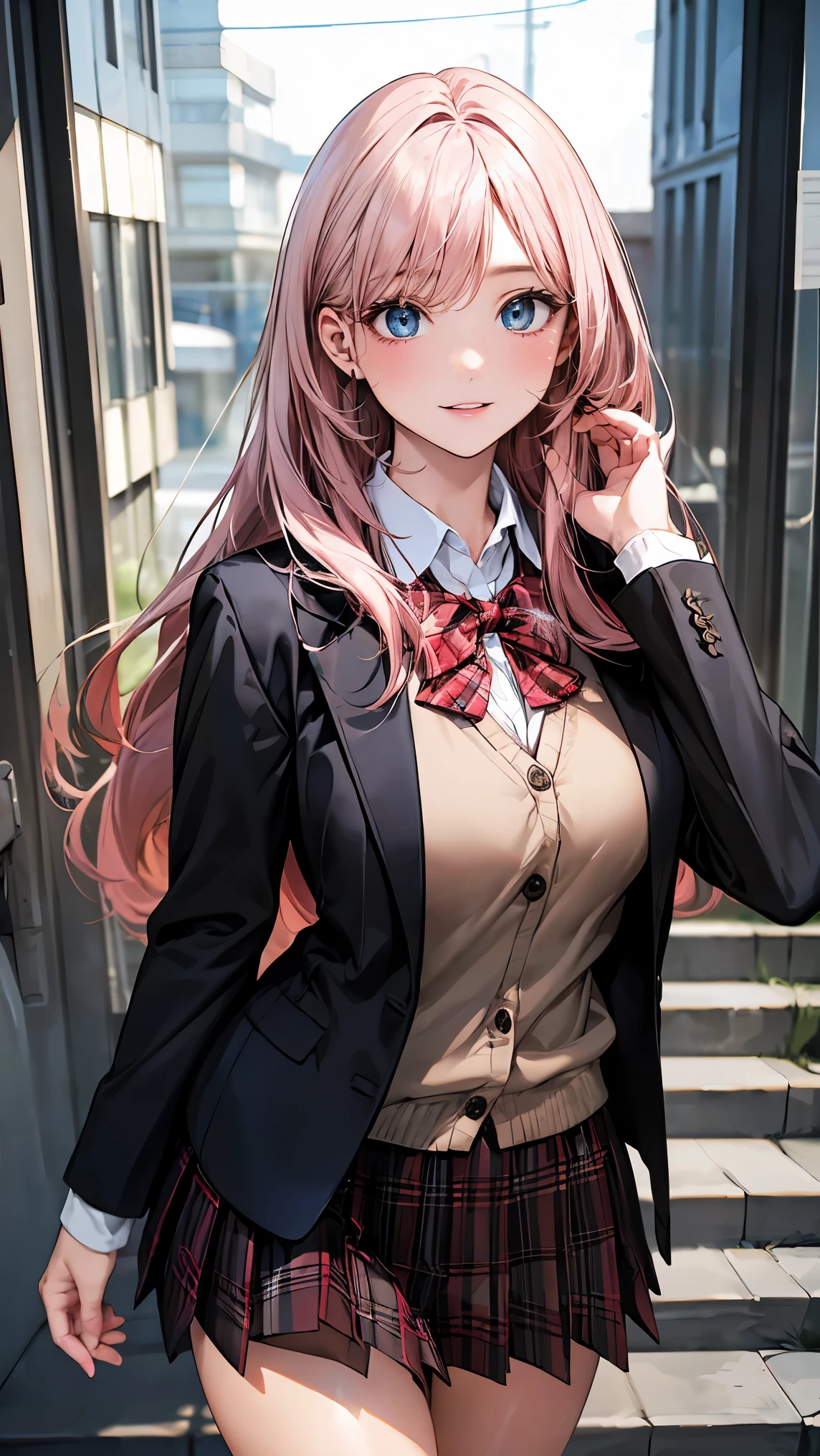 (masterpiece:1.2, highest quality), (realistic, photorealistic:1.4), beautiful illustrations, (natural side lighting, movie lighting), looking at the viewer, Upper body, (Front view), 1 girl, perfect face, Cute symmetrical face, shiny skin, baby face, long eyelashes, (large breasts), (wide hips),beautiful hair, beautiful face, fine and beautiful eyes, beautiful body, beautiful breasts, beautiful thighs, beautiful feet, beautiful fingers,(beautiful scenery),(lovely smile:1.2, upper grade), japanese, high school girl,(long hair:1.8, straight hair:1.7, light pink hair), parted bangs, emerald green eyes, long eye lasher, (thick thighs),full body seen, Dynamic Angle, Perfect body,  ((red bowtie, School uniform, Black jacket, Open jacket, Brown cardigan, White shirt, Black skirt, plaid skirts)), City staircase,(Looking up from the bottom of the stairs),Very embarrassing panic smile,turned around,(bending forward:1.4),(Extend one hand straight out in front of you:1.5),