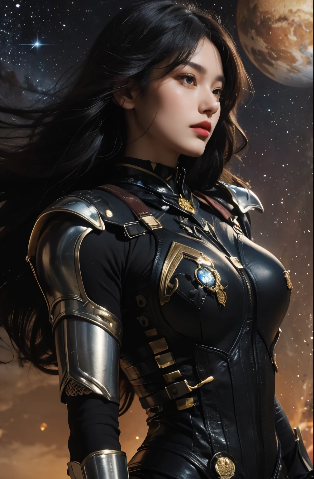 Upper body close-up image.A beautiful woman. 20s. Black hair. She wears a metallic black battle uniform. There is something on his waist that is reminiscent of Kamen Rider's transformation belt. An image of outer space and Mars in the space behind her. A masterpiece