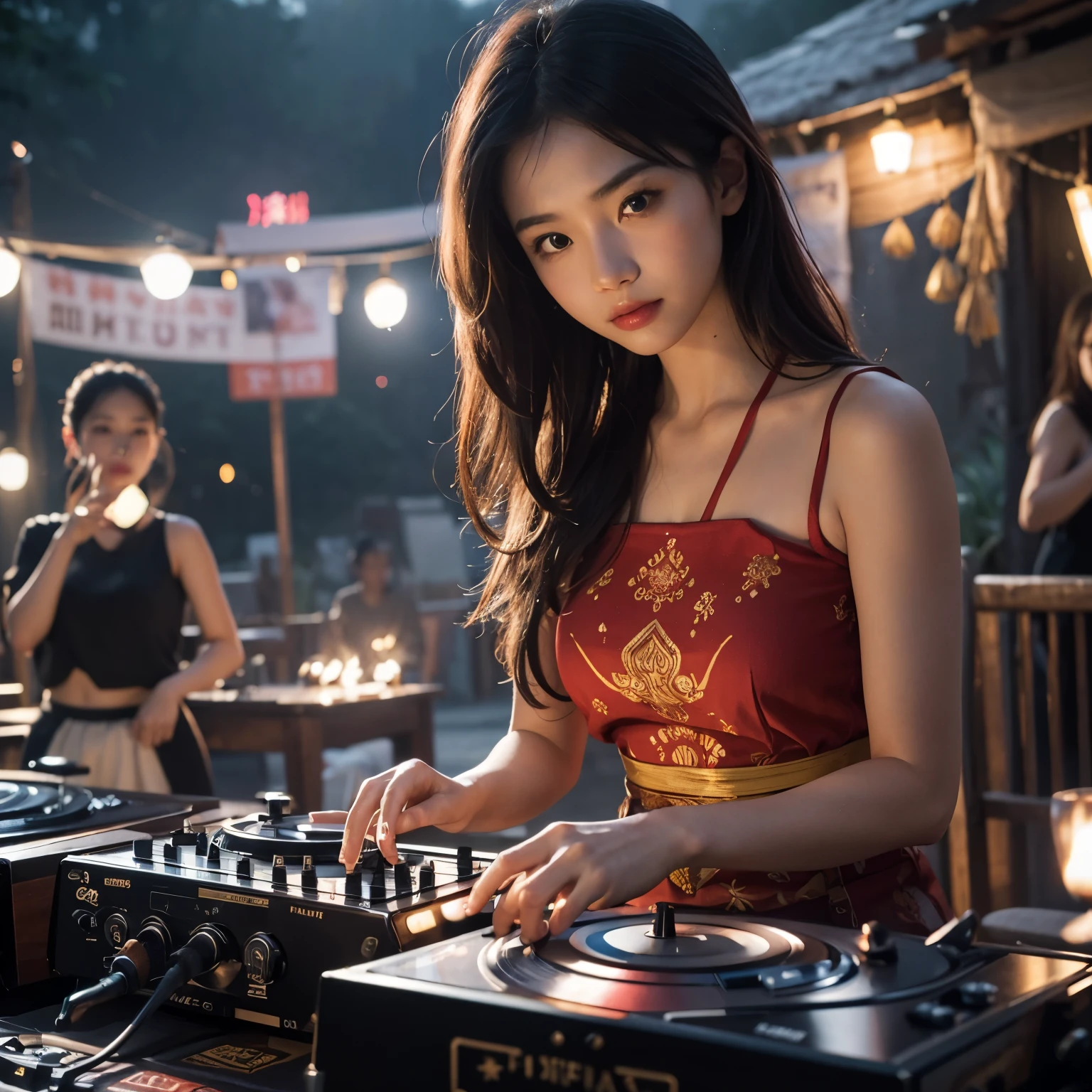 ((very sharp photo result & detailed face)) (((textile shading))) (((Best Quality))), (((masterpiece))) (((hyper realistic photo))) night in peaceful riverside village, an exotic face 18 years old female DJ performing, wearing batik red tanktop, simple hairstyle, she attractively playing her turntables, companied by locals plays traditional instrument, stage by bamboo, lighting by torches, correct hands & fingers, serene atmosphere16K, Fujifilm XF 56mm f/1.2 R Lens. HDR10 8K