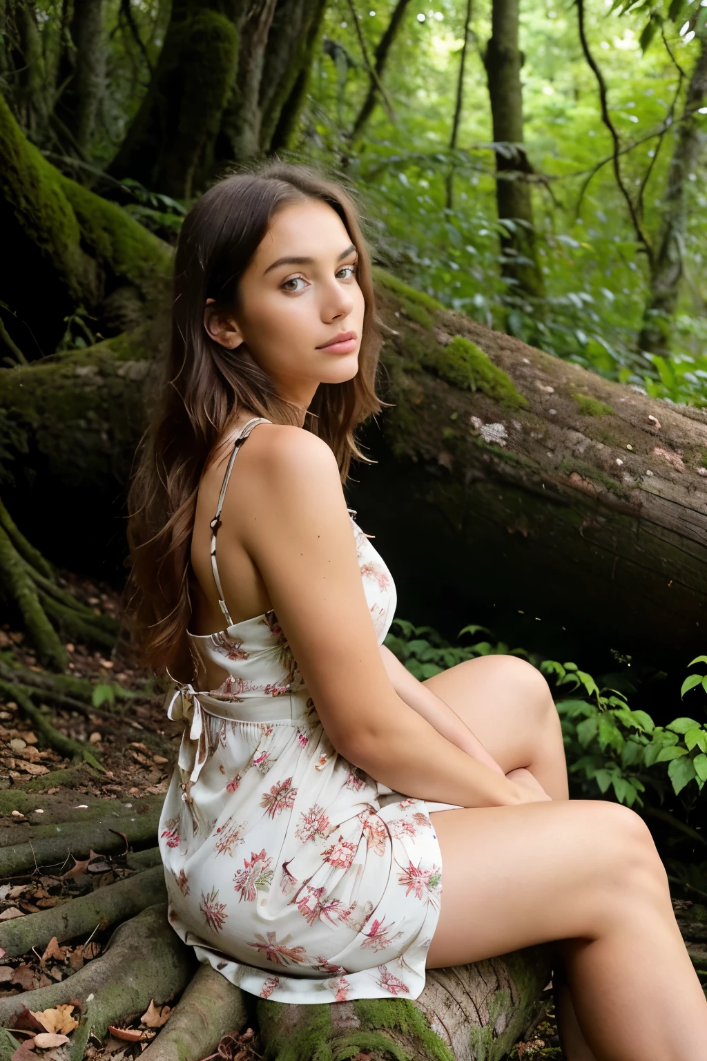 Real 30-year-old girl sitting on a log in a forest background,
Detailed description:
A real 30-year-old woman sits comfortably on a weathered log placed amidst a dense, lush green forest. With her back facing the camera, she is dressed casually in a flowy cotton dress that blends seamlessly with the surrounding greenery. Her hair, a rich chestnut brown, is styled naturally, cascading down her shoulders and framing her face. Her expressive hazel eyes look thoughtful as she absentmindedly plucks at the grass, revealing her youthful and innocent features. The detailed skin on her face is a perfect blend of natural texture and
