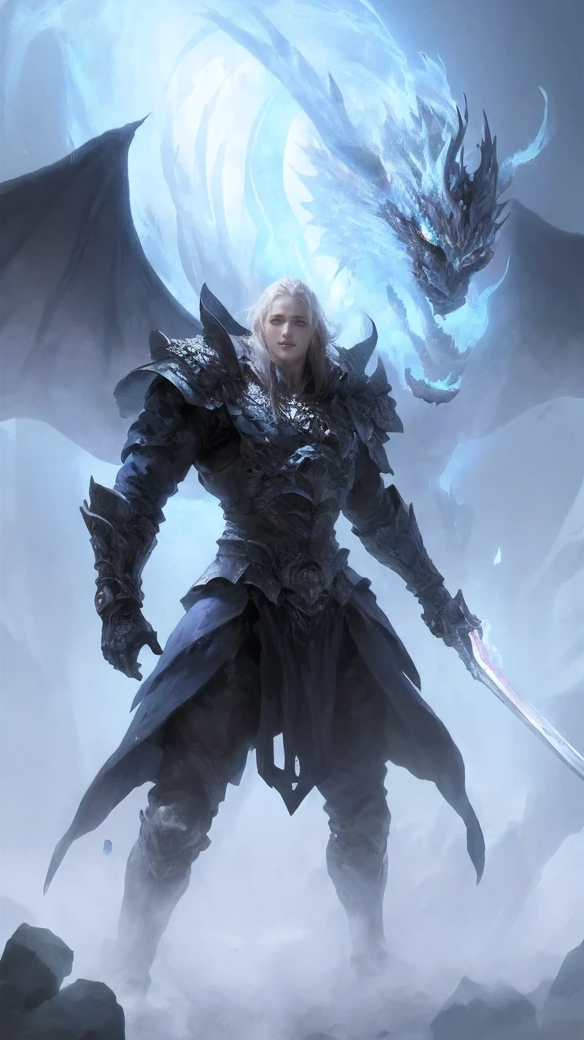 ERD, a man wearing armor, holding a glowing sword in his hand, facing off against a giant glowing demon dragon boss from Elden Ring, dynamic poses, particle effects, ultra-high resolutions, 32K UHD, best quality, masterpiece,