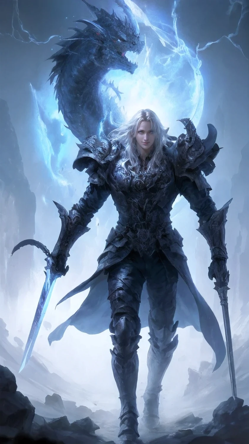 ERD, a man wearing armor, holding a glowing sword in his hand, facing off against a giant glowing demon dragon boss from Elden Ring, dynamic poses, particle effects, ultra-high resolutions, 32K UHD, best quality, masterpiece,