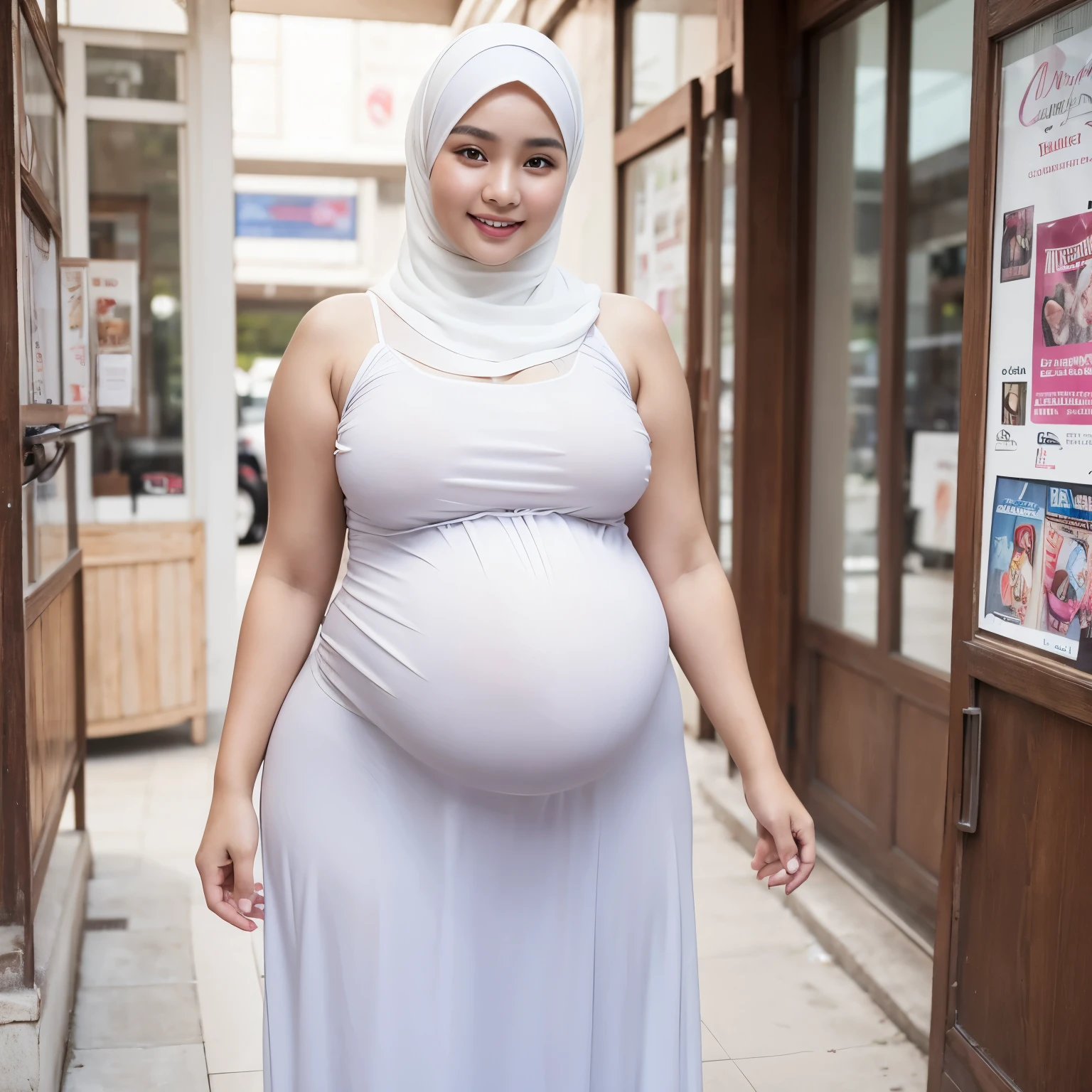 18-Years-Old,Female Store owner, Hijab Beautiful Indonesian Teen Woman, Wearing Tight Gamis, white Skin Like Porcelain, Realistic Ultra Gigantic Breast : 21.9,realistic wrinkels body, realistic Curvy body, PP cup Breast, (huge pregnant),Seducting Look, Lustful smiling, standing in front Of her Store's