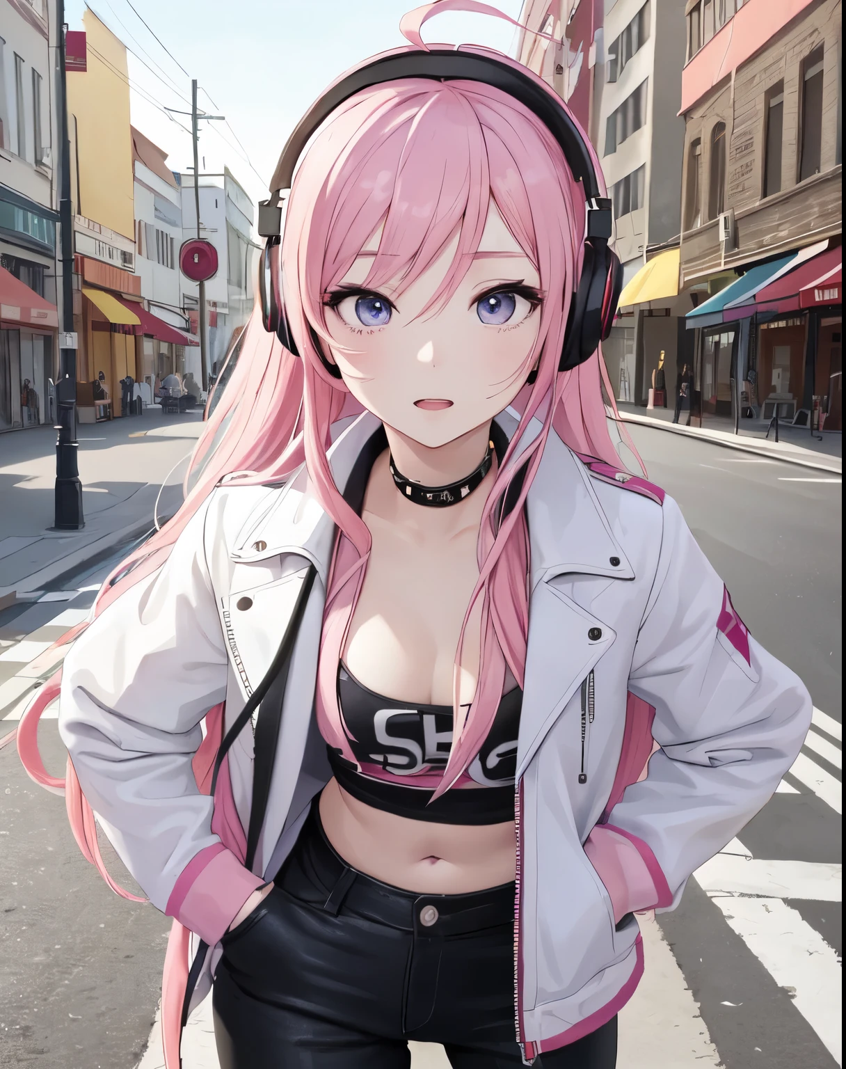Masterpiece, Woman 4, Moving, kpopIDOL, Promotional Image, hand up, Shout, shout, shout, Kiss, Close face, downtown, Accelerates, Impressive eyes, Soft leather texture, confident lol, Top view, squint, squint, squint, High accuracy, Professional photo, Street corner, crotch, Pink color, Sadr Ari., Spotlights, Rock singer, Rainbow hair,, Navel, Styled hair, Hands in pockets, headphones, long hair, tattoo