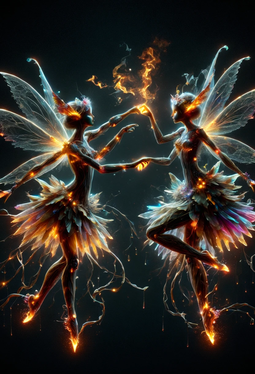 High Resolution, High Quality, Masterpiece. Fairies dancing, holding hands created using fire sparkle art technique, against an all-black background, neon ambiance, abstract black oil texture, gear mecha elements, acrylic detail, grunge aesthetics, intricate complexity, rendered in Unreal Engine, photorealistic., detailed acrylic textures.intricate detailing enhancing hyperrealistic forms, sharp focus, emitting diodes, smoke intertwined with artillery sparks, broken glass effect, mythical beings radiating energy, featuring molecular textures, scales both iridescent and luminescent, divine presence, volumetric lighting casting auras and rays, impressive use of vivid colors, ultra-clear, unforgettable, breathtaking beauty, pure perfection, reflective surfaces.
