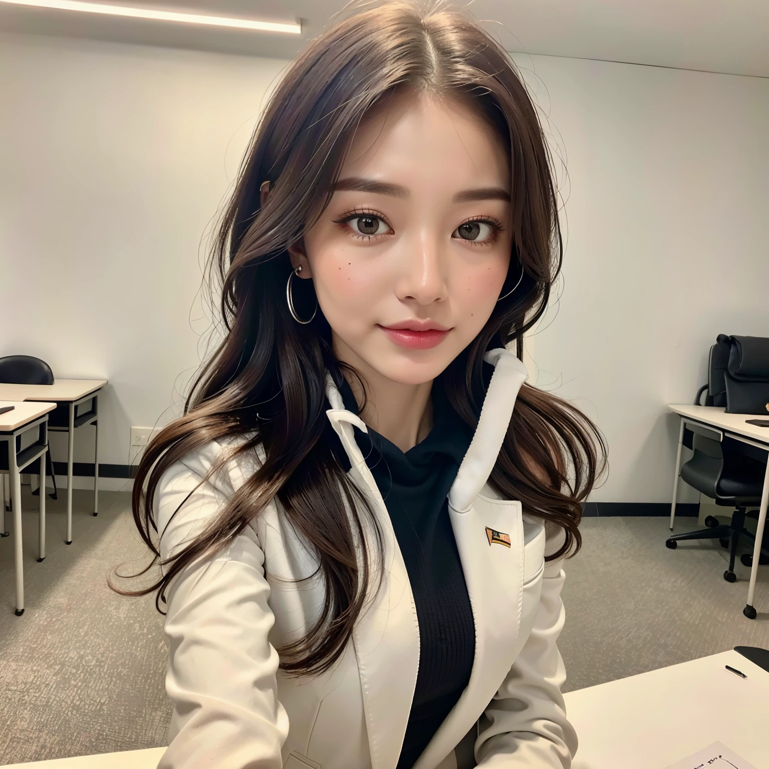 (high ponytail hairstyle, wavy hair, dark brown hair), (While wearing a white business suit:1.3), (black knee high socks:1.3), (wear a lightweight hood:1.3), (innocent and elegant girl), medium big breasts, (sit cross-legged at your desk:1.3), (in the school classroom:1.2), (shy smile:1.2), ((full body shot:1.2)), (Selfie pose on Instagram:1.2), (highest quality, 8k, masterpiece: 1.3), RAW photo, realistic, photorealistic, small waist, beautiful feet, Accurate, anatomically correct, Highly detailed face and skin texture, fine eyes, double eyelid, natural cheeks, wet eyes, small shiny necklace and earrings, glossy lips:1.4, small waist, beautiful feet,