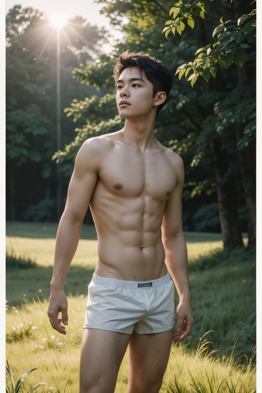Best quality, offical wallpaper, 1boy, A sunny morning,grassy fields,ln the forest,Wear underwear, Realistic, Photorealistic, (EOS R8,50 millimeters,F1.2,8K,RAW photo:1.2), Bokeh