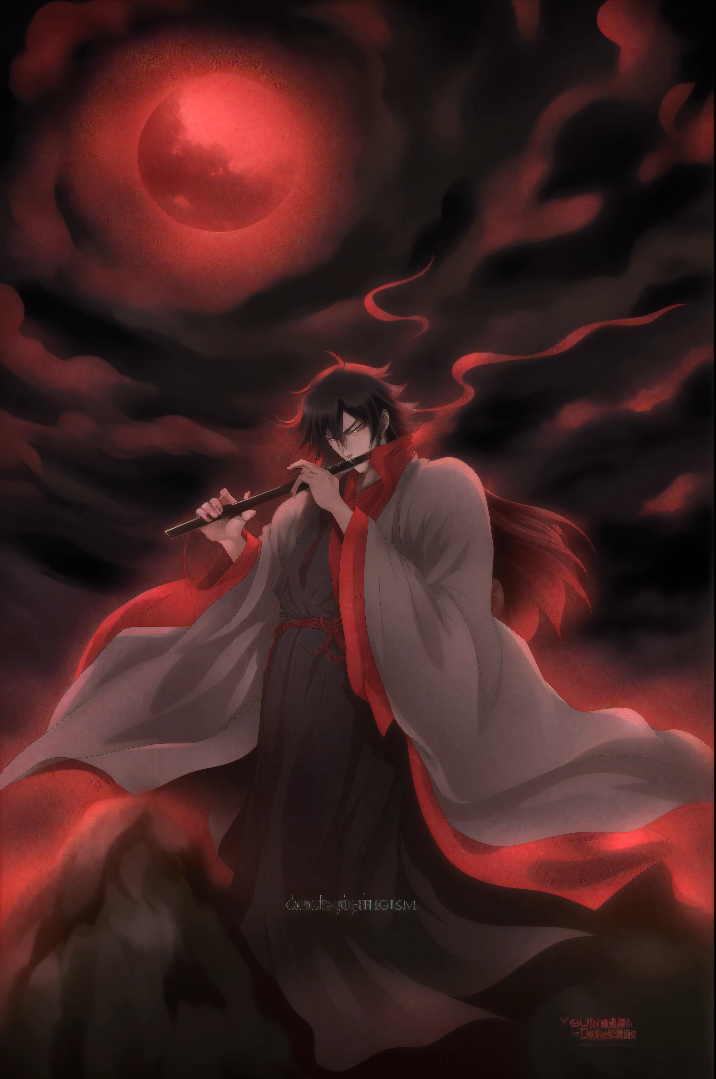 une femme vêtue d'une robe longue debout devant une lune rouge, Beau dieu masculin de la mort, cheveux flottants et robes longues, avec des yeux rouges et brillants, handsome japanese demon boy, beau mec dans l'art du tueur de démons, fond d'animated screen, Akira de la mythologie chinoise, demonic atmosphere, avec des yeux rouges brillants, par Yang J.., Hijikata Toushirou de Gintama