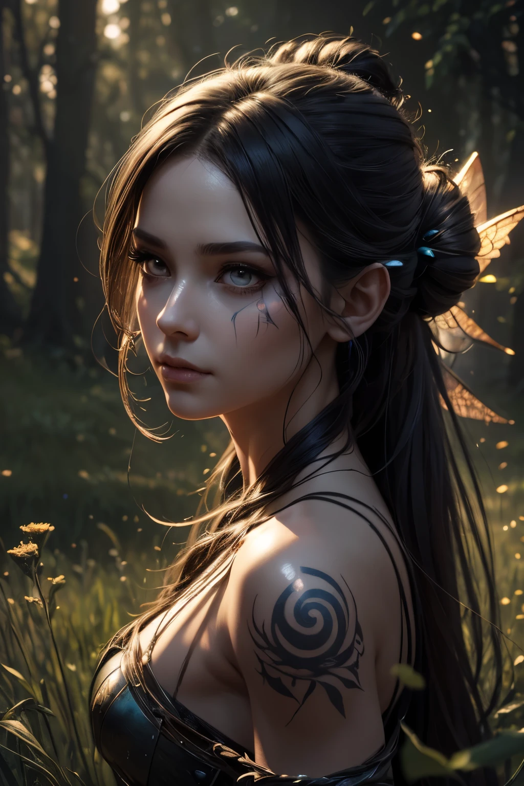 (super detailed), high resolution 8k wallpaper, best quality, full body, a beautiful young caucasian woman, black hair, two braids, (highly detailed hair: 1.4), smoke, fog, (dark forest: 1.1) , bokeh, faded, neutral colors, (hdr: 1.5), ((pastel colors)), colorful dress, floral decoration, dress, fantasy style, intricate scene, artstation, super detailed, dramatic lighting, intricate Detail, [Vignette], Intricate Background, ( (((Movie Look)))), Soothing Tones, Intricate Detail, Ultra Detail, Stone Gray Mood, (Wide Angle), Realistic, Sharp focus, beautiful lips