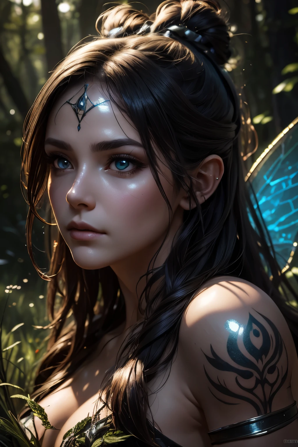 Ultra detailed digital art masterpiece, face portrait, mysterious fairy woman with a old long bow on back , croucing on a meadow in grass, apocalyptic style, apocalyptic environment, near old village, tiny cute creatures around her, with old magic mystery accessories , magic world ,natural movement, natural pose, fantasy dream land , Tom Bagshaw, Anne Bachelier, mixed with dark elements, dark environment, very dark night , old rustically apocalyptic fairy clothing , no make up, natural face, nose piercing, abstract , big shiny eyes, ultra detailed atmospheric details, beautiful glowing effects , sparkle effects , realistic body proportions , beautiful face proportions, complex masterpiece, wild hair style, creative glowing detailed tattoos, complex physics, enhanced colors, complimentary colors, ultra detailed raytracing reflections, Ultra detailed complex background, environment feels alive, direct eye contact, 8l resolution.