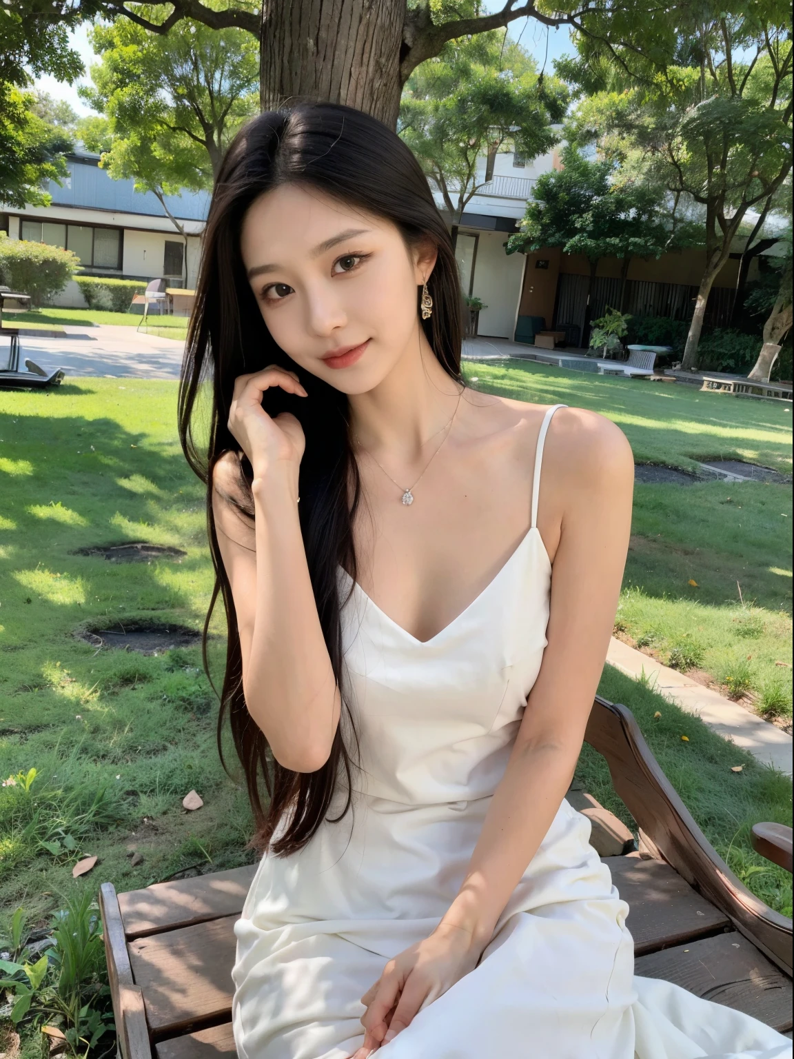 masterpiece, best quality，8k, ultra high definition，Real light and shadow，lens，(beautiful eyes:1.1)， ((中景 the scene is，upper part of body))，dynamic poses，on a green meadow，goddess sitting on it。She is wearing a white dress，Showing cleavage，black wavy hair。The sun shines through the leaves on her hair，Reflecting her clear eyes and gentle smile。