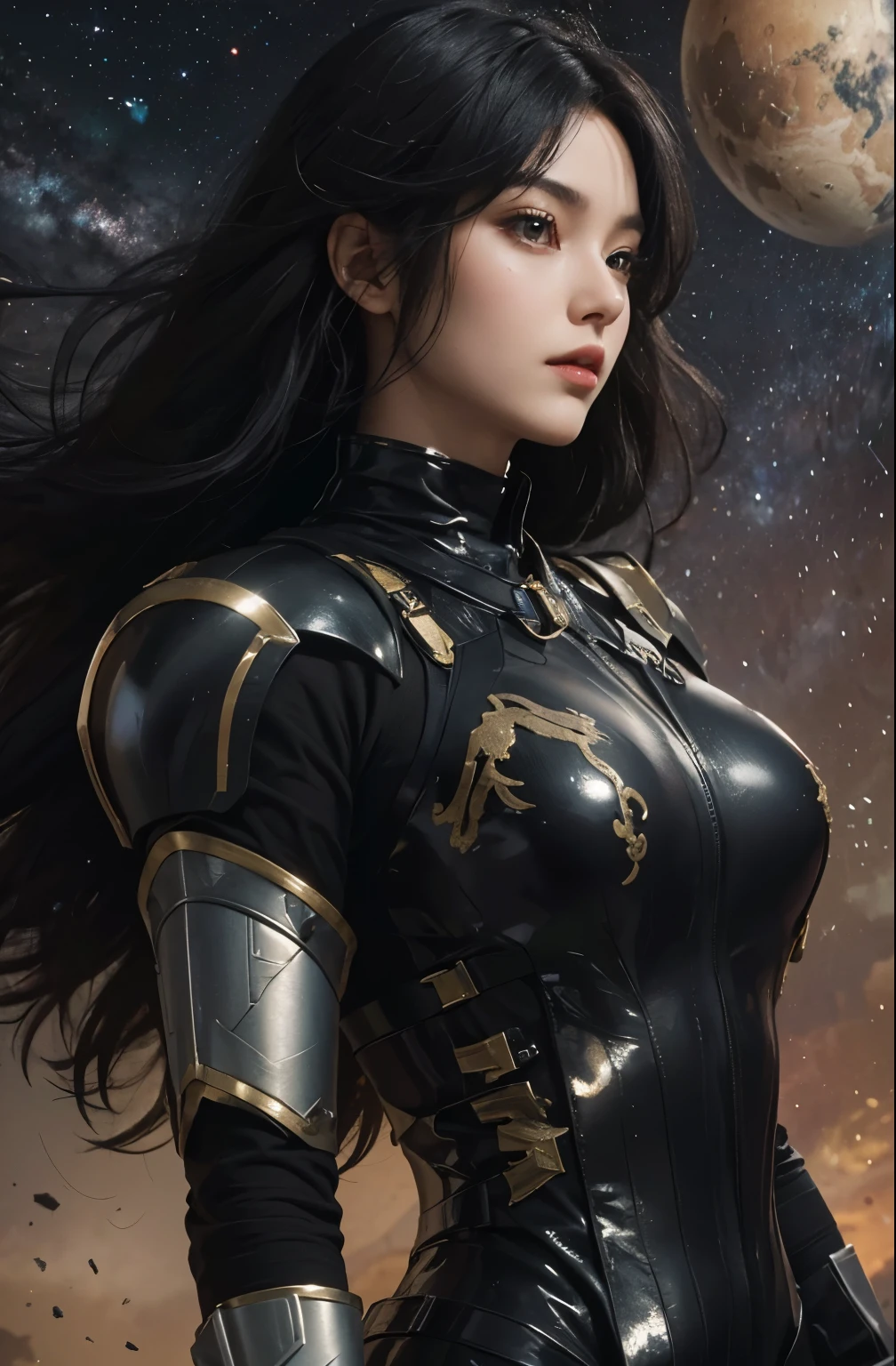 Upper body close-up image.A beautiful woman. 20s. Black hair. She wears a metallic black battle uniform. There is something on his waist that is reminiscent of Kamen Rider's transformation belt. An image of outer space and Mars in the space behind her. A masterpiece