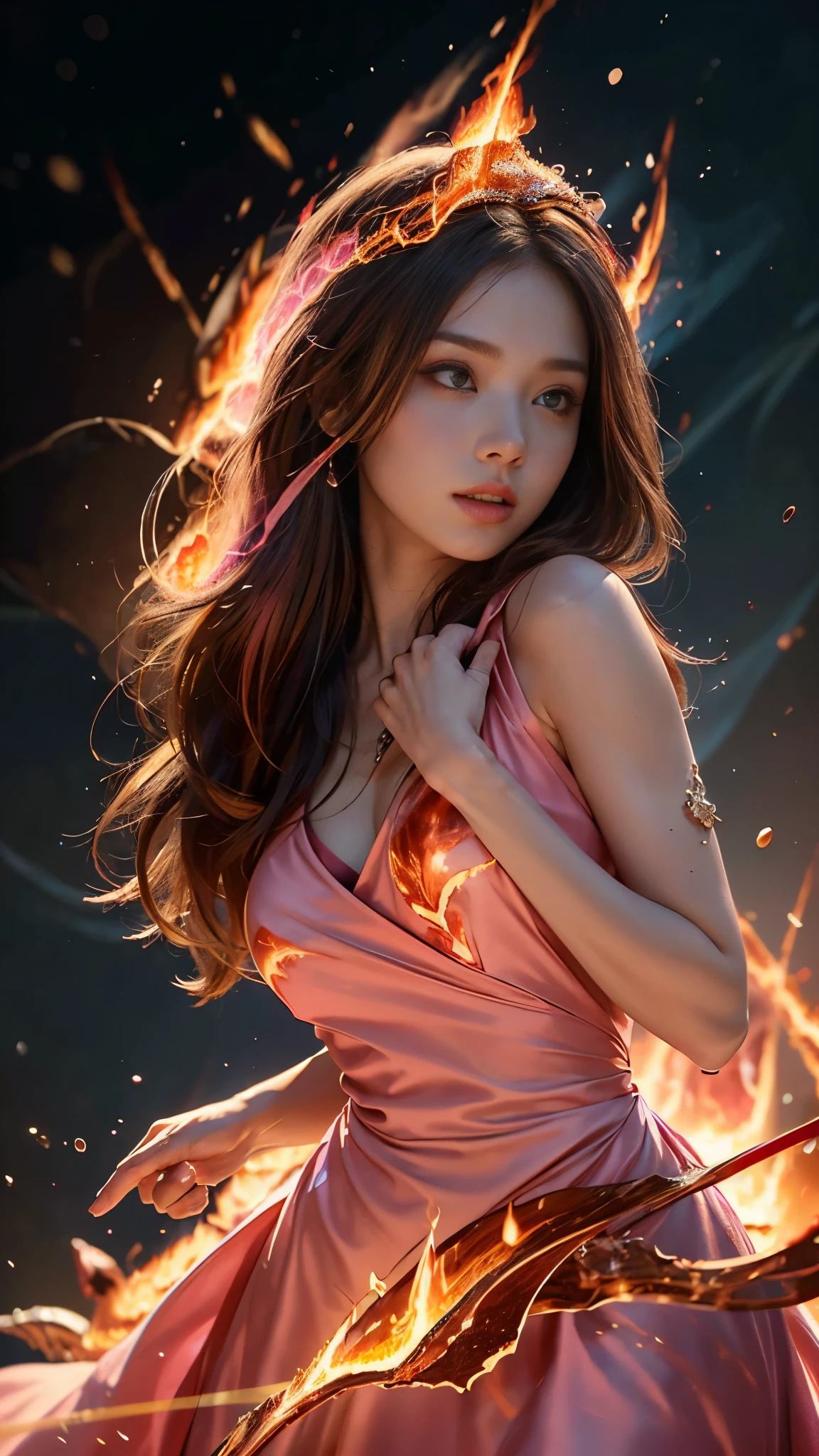 ((masterpiece,best quality)),(negative space:1.4),(1girl, solo:1.4),beautiful detailed eyes,floating pink hair, red hat, fireball, casting a fire spell, orange and red fractals background, looking to the side, teal eyes, fullbody, jumping