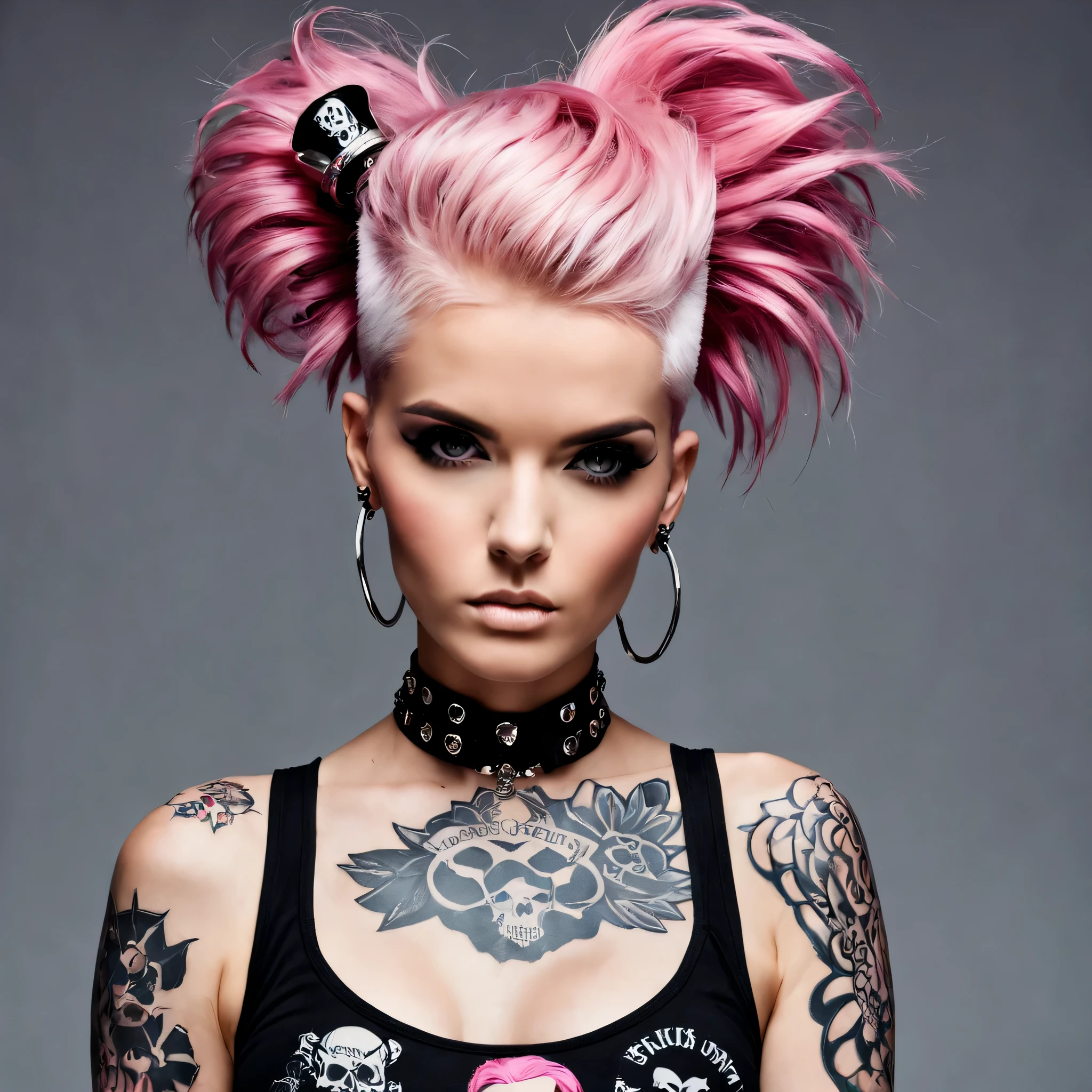 photograph of a beautiful punk woman, "WoW"Braw, with skull designs for tattoos, pink hair, nerdy, n