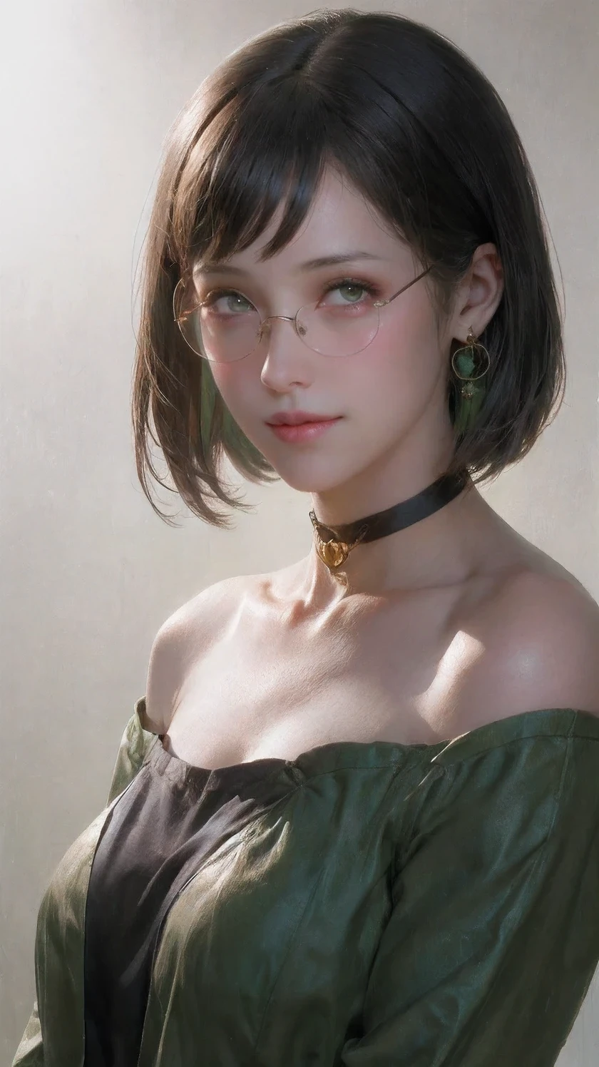 jewelry, black hair, earrings, short hair, green eyes, necklace, looking at viewer, shirt, multiple girls, upper body, green shirt, english text, off shoulder, print shirt, bangs, tinted eyewear, glasses, collar, choker, 1girl, solo, (masterpiece:1.2), best quality, highres,extremely detailed CG,perfect lighting,8k wallpaper,