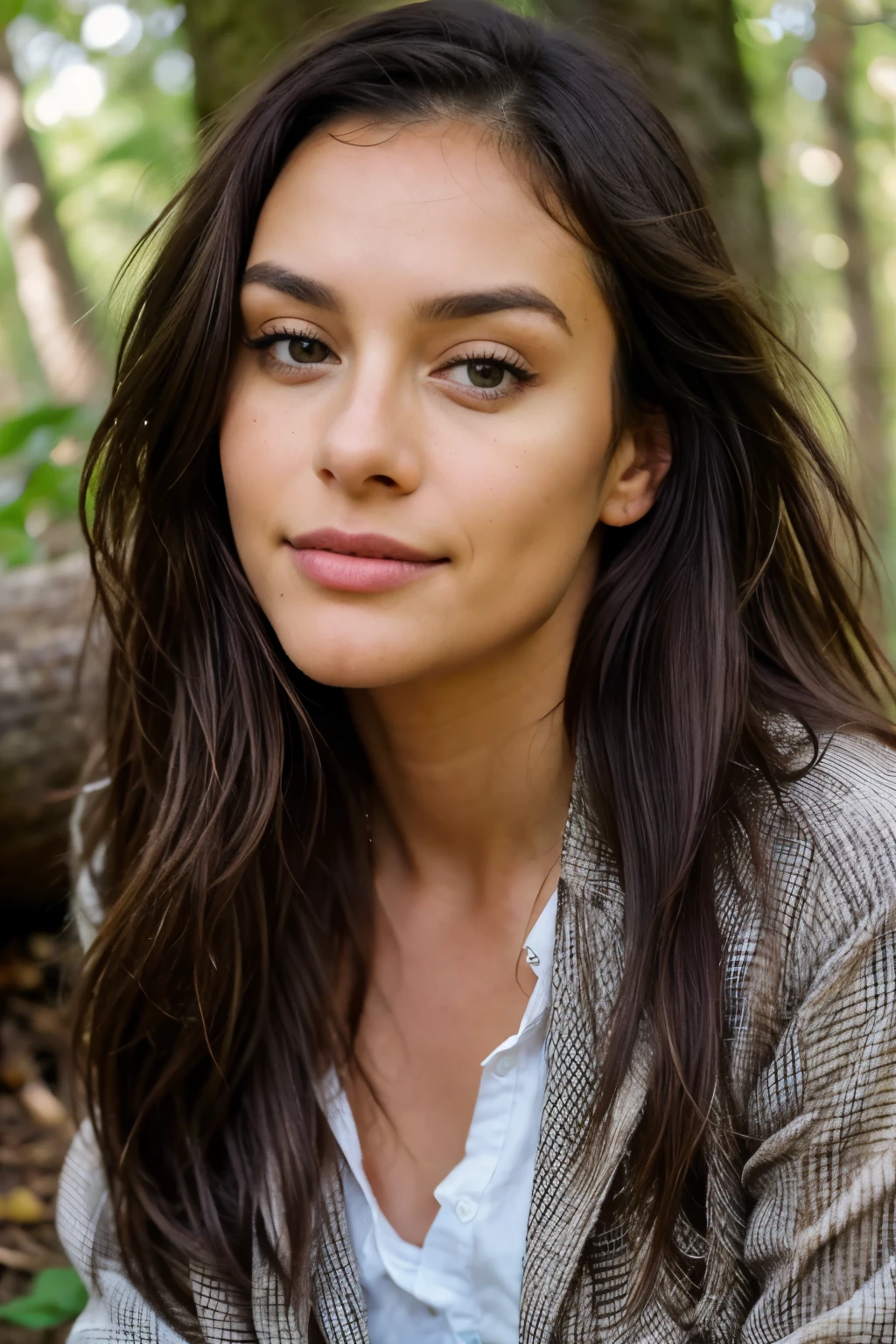 Real 30-year-old girl sitting casually on a log in the forest,
Detailed, genuine, unembellished,
30 years old, authentic expression,
Natural long hair, disheveled yet beautiful,
Brown eyes, high-resolution, masterpiece,
Best quality, intricate details,
Highly detailed, sharp focus,
Detailed skin, realistic skin texture,
Texture, detailed face features,
Professional capture, 4k,
Relaxed, at ease, smile,
Shot with Canon, 85 mm,
Shallow depth of field, natural lighting,
Realistic colors, Kodak Vision,