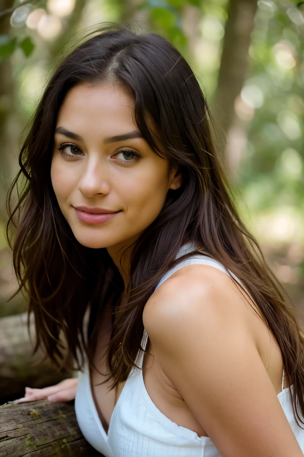Real 30-year-old girl sitting casually on a log in the forest,
Detailed, genuine, unembellished,
30 years old, authentic expression,
Natural long hair, disheveled yet beautiful,
Brown eyes, high-resolution, masterpiece,
Best quality, intricate details,
Highly detailed, sharp focus,
Detailed skin, realistic skin texture,
Texture, detailed face features,
Professional capture, 4k,
Relaxed, at ease, smile,
Shot with Canon, 85 mm,
Shallow depth of field, natural lighting,
Realistic colors, Kodak Vision,