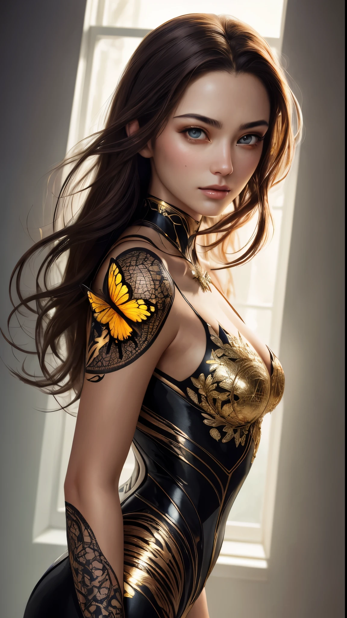 8k portrait of beautiful cyborg with brown hair, Complex, elegant, very detailed, majestic, digital photography, artgerm、ruan jia、greg rutkowskiによるアート、surrealistic painting、gold butterfly filigree, broken glass star piece, side light, Beautiful detailed eyes: 1.2), HDR, 