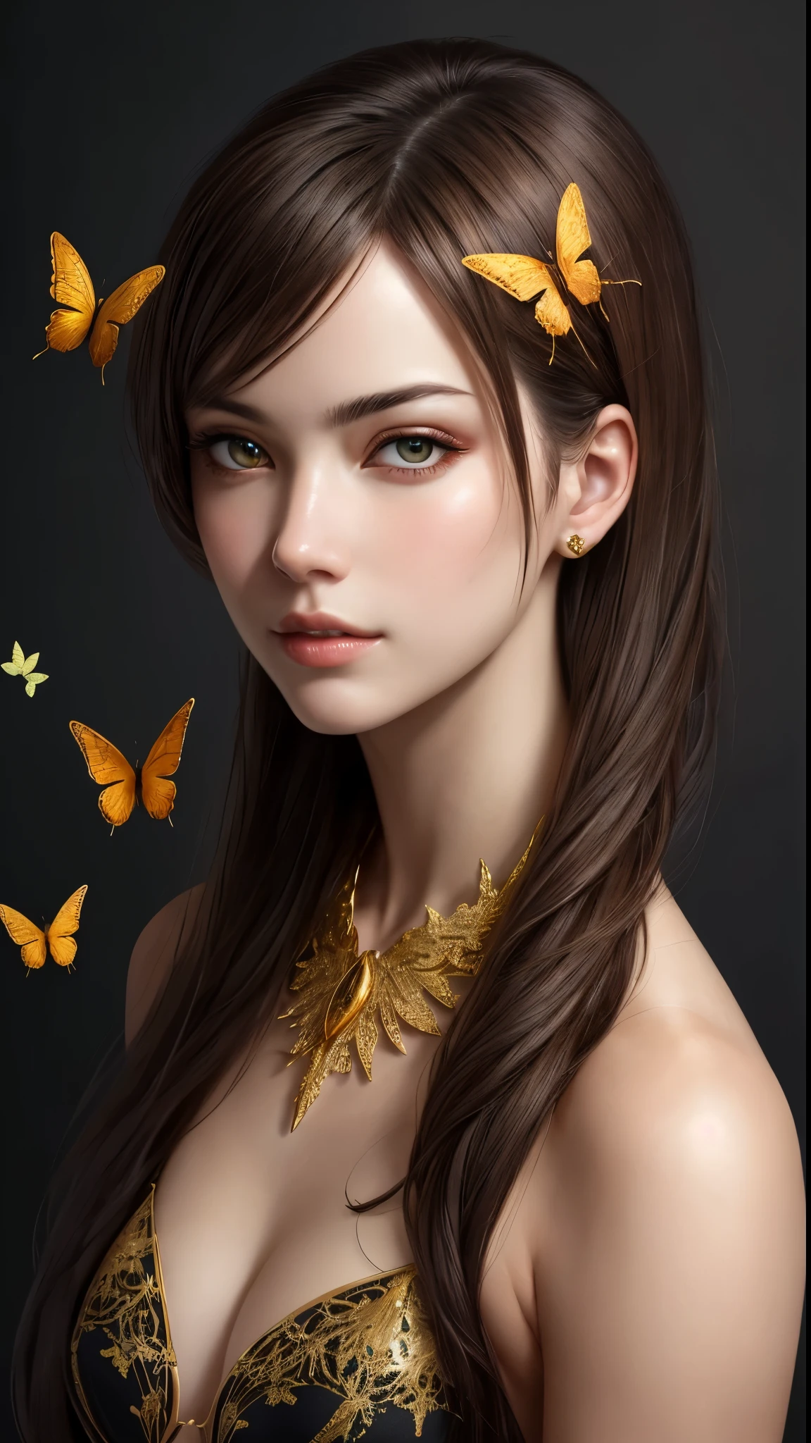 8k portrait of beautiful cyborg with brown hair, Complex, elegant, very detailed, majestic, digital photography, artgerm、ruan jia、greg rutkowskiによるアート、surrealistic painting、gold butterfly filigree, broken glass star piece, side light, Beautiful detailed eyes: 1.2), HDR, 