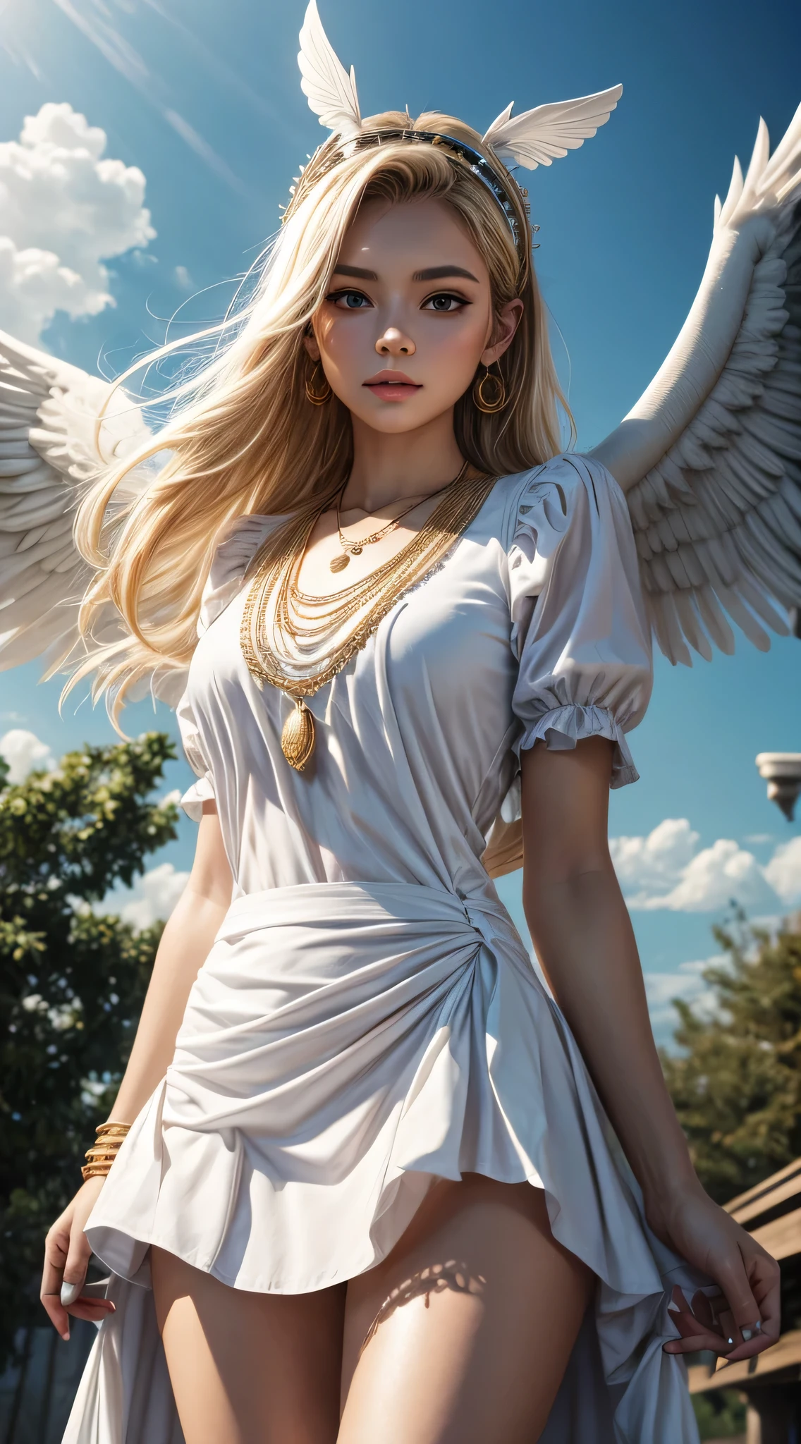 1 Girl,solo, Teenage, white dress, pairs of bird wings on head, Gold necklace, Cloudy background, Colorful clouds, Full body, Floating in the sky with skirt open, ((crotch is visible)), (bush pubic hair)6,0, looking at viewer,
((masterpiece)), ((Best quality)), ((highly-detailing)), (Detailed face), (offcial art), blonde long hair, extremely detailed face, extremely detailed eyes, 8k