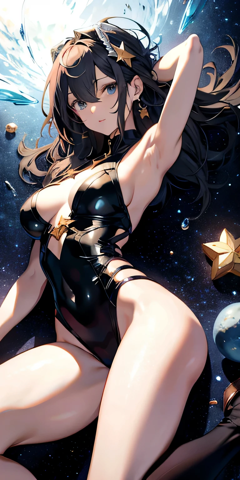 stupid reply, high star piece:1.4), Super detailed, 1 girl, From above, space, floating、shiny thighs