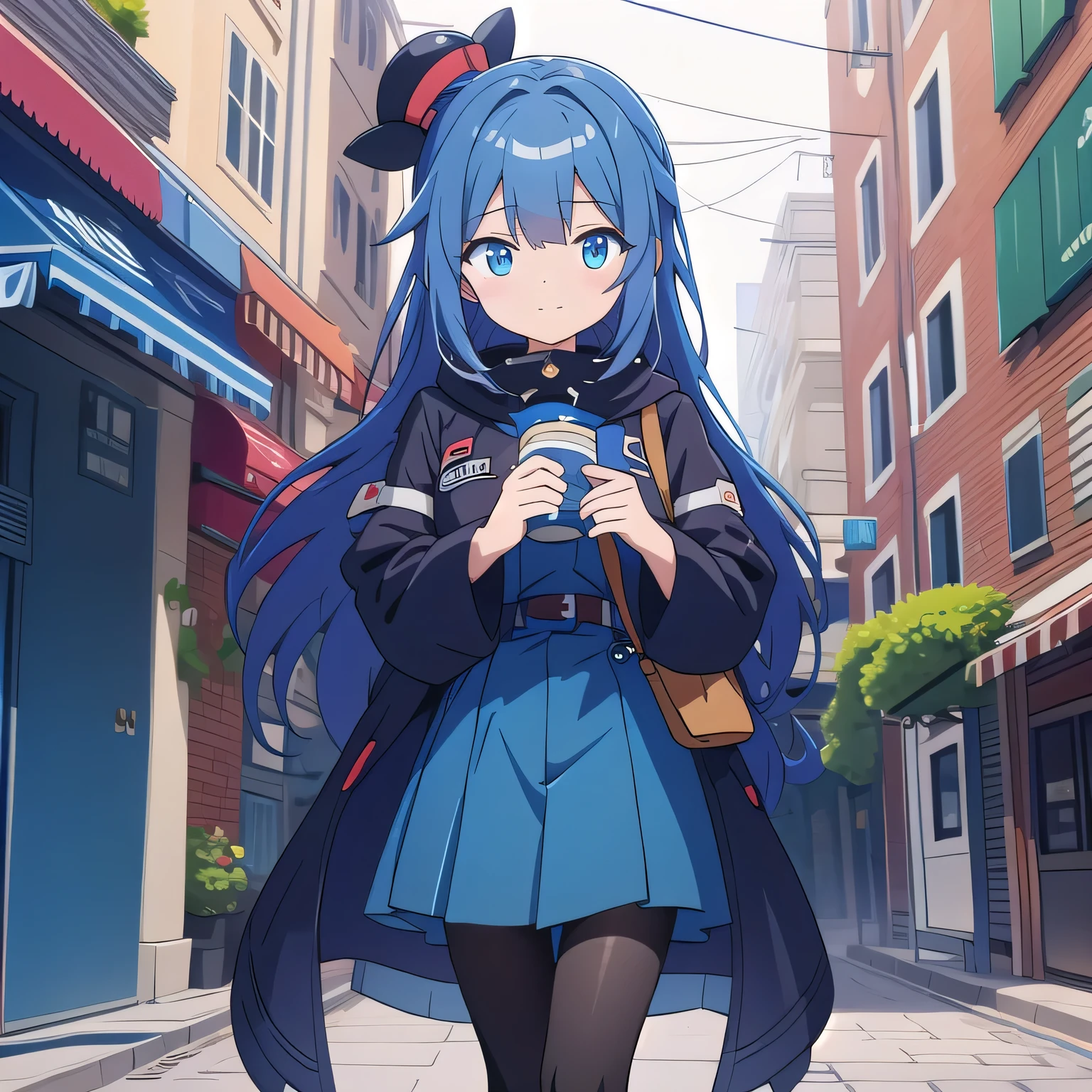 anime style characters。Chestnut colored two-side up long hair、blue eyed girl、Wearing casual blue long hoodie clothes、Iの頭の上には上下に跳ねる愚かな髪の毛が1本あります.、Wearing black pantyhose、I'm wearing loafers、I'short and college student.。smile cheerfully。The background is simple white to emphasize the character.、Please make it a deformed illustration。