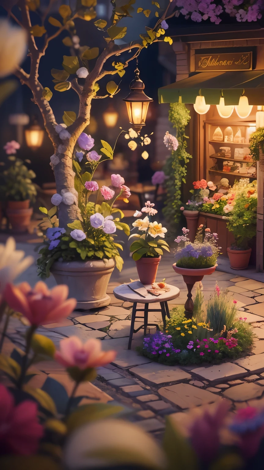 Magic garden miniature scene, Delicate flowers and softly lit branches,, Illuminated by happy smiling miniatures. 8K Autorealist,relaxing cafe