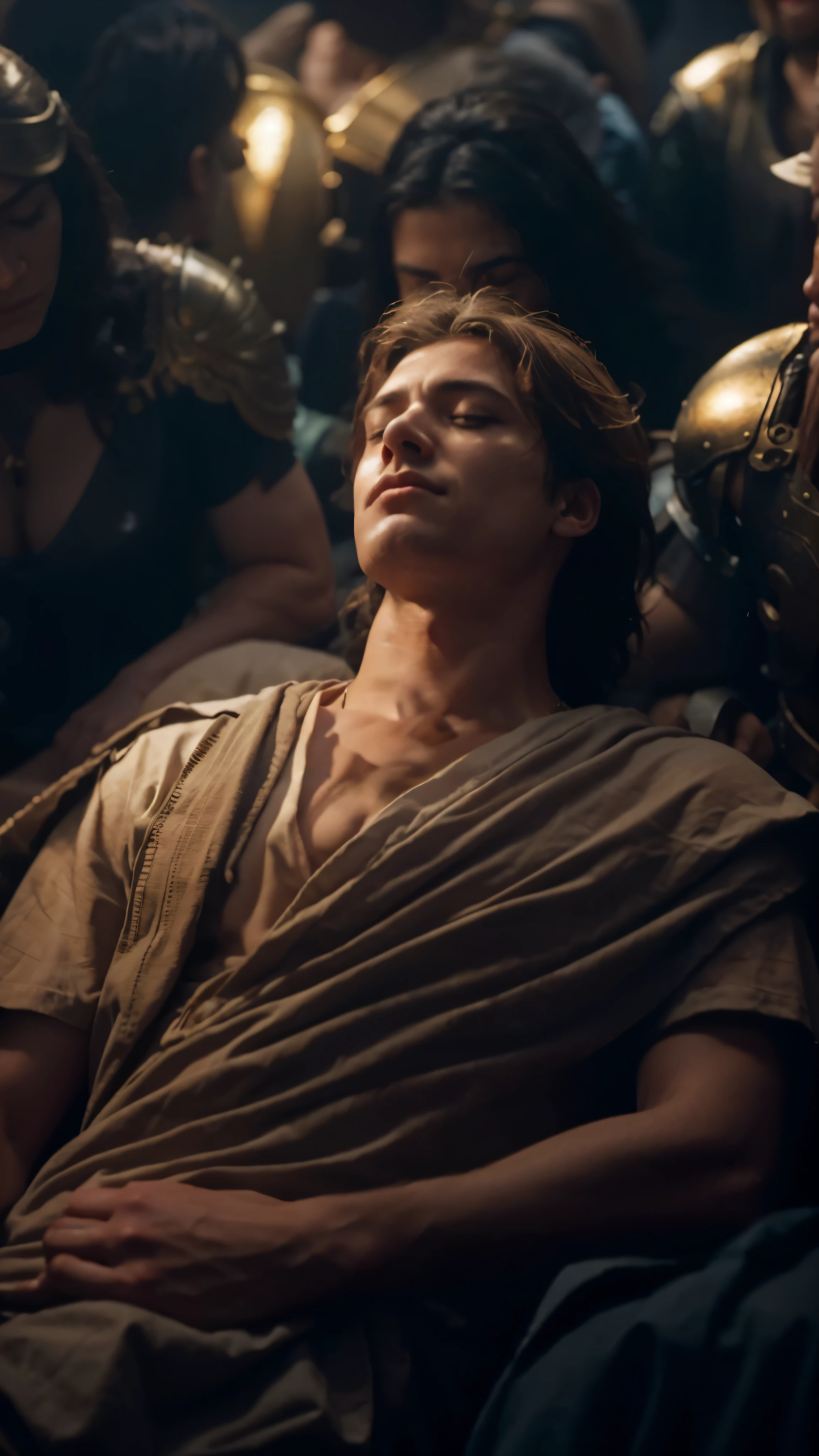 Alexander the Great lying down in front of a crowd of people, in screenshot from the 300 movie, ahegao face, bust with a long beautiful neck, inspired by Andries Both, douglas smith, npc with a saint's halo, highly upvoted, remembering his life, wearing collar on neck, proud emperor, movie still of a tired, constantine, rip, asleep