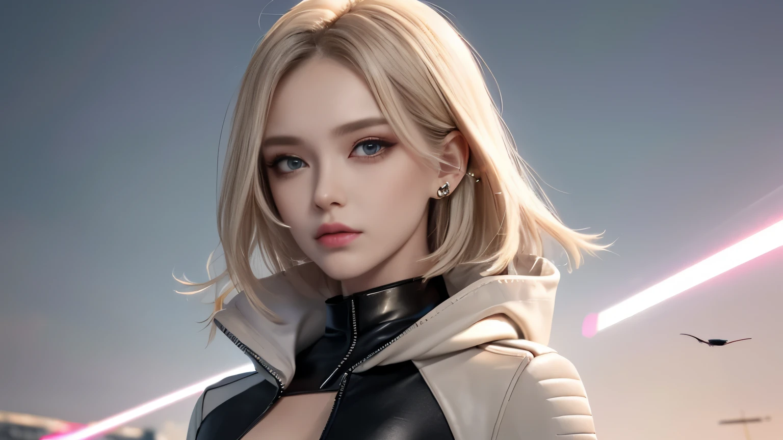 optimal，master piece，High resolution，best quality，hyper hd，super detail，Award-winning，16k，solo，（Upper body），correct anatomy，beautiful cyberpunk girl，cute face，，gradation beige hair，hair line，（（scarlet eyes）），long eyelashes，drooping corners of the eyes，white skin，（small ），（Because I&#39;m slender），（（Women&#39;s Super Short Shawl Leather Jacket）），（（racing_suit）），（（height_skirt）），ear studs，（neck ring），（laser material clothing：1.2）