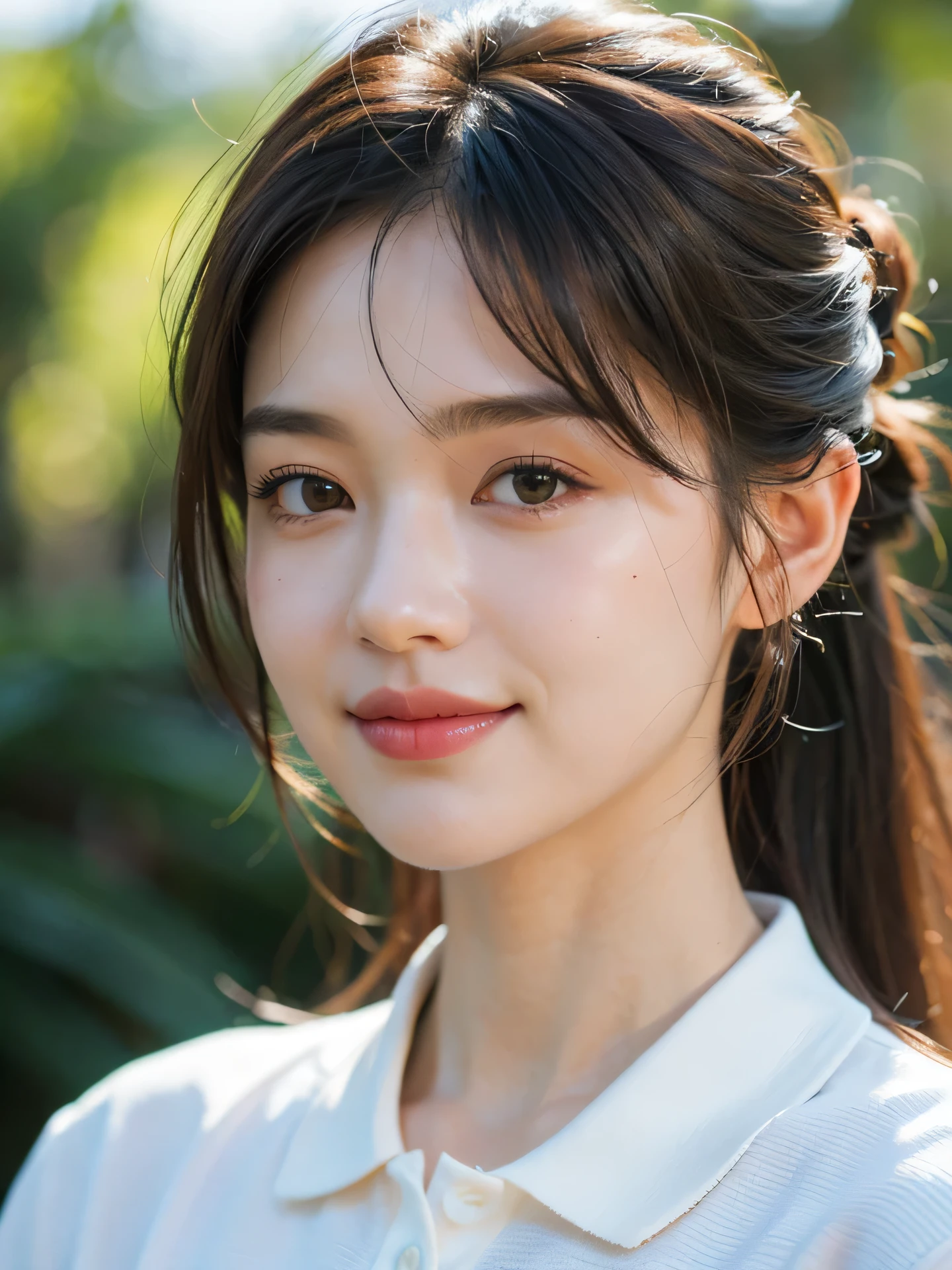 masterpiece, highest quality, RAW photo, 8k, 1 girl, close, cute, Girly, shy, embarrassing, smile, focus on the face, (the face is in focus:1.2) Fine and beautiful skin, Backlight, soft light, luminescent, look away, anatomically correct, medium hair, hair up, bangs, Eye and face details, rough skin, professional photography, Bokeh, portrait, professional lighting, alone, film grain, polo shirt,