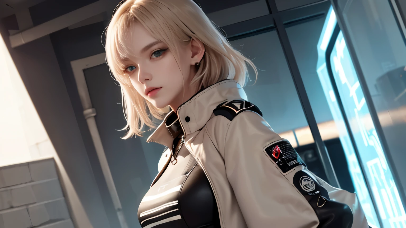 optimal,master piece,High resolution,best quality,hyper hd,super detail,Award-winning,16k,solo,(Upper body),correct anatomy,beautiful cyberpunk girl,cute face,,gradation beige hair,hair line,((scarlet eyes)),long eyelashes,drooping corners of the eyes,white skin,(small ),(Because I'm slender),((Women's Super Short Shawl Leather Jacket)),((racing_suit)),((height_skirt)),ear studs,(neck ring),(laser material clothing:1.2)