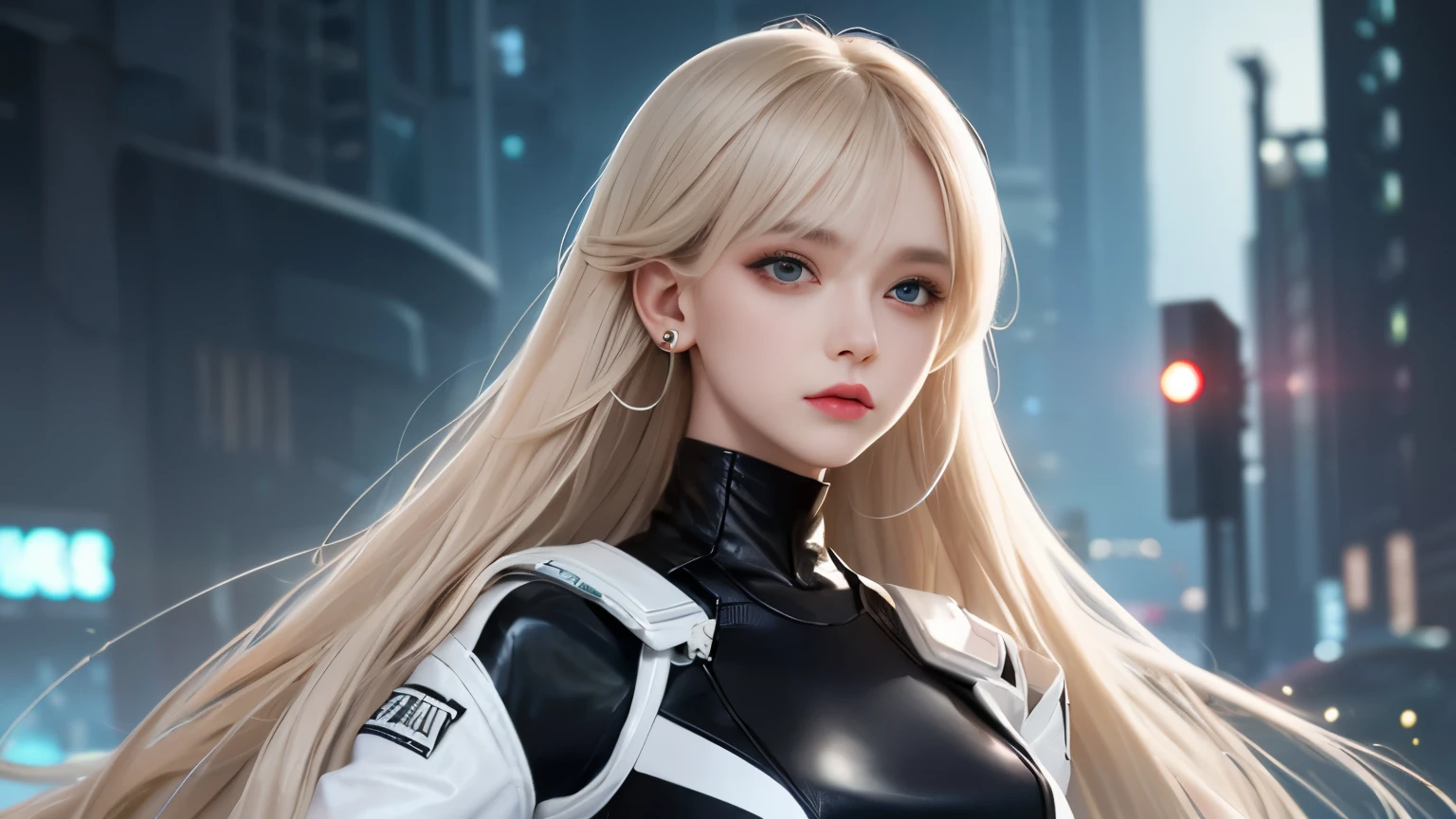 optimal,master piece,High resolution,best quality,hyper hd,super detail,Award-winning,16k,solo,(Upper body),correct anatomy,beautiful cyberpunk girl,cute face,,gradation beige hair,hair line,((scarlet eyes)),long eyelashes,drooping corners of the eyes,white skin,(small ),(Because I'm slender),((Women's Super Short Shawl Leather Jacket)),((racing_suit)),((height_skirt)),ear studs,(neck ring),(laser material clothing:1.2)