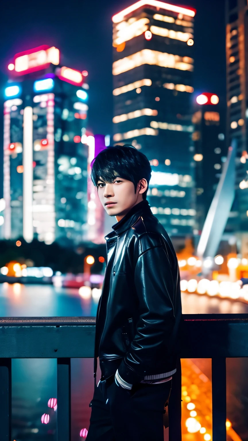 beautiful night city and cool male anime characters
