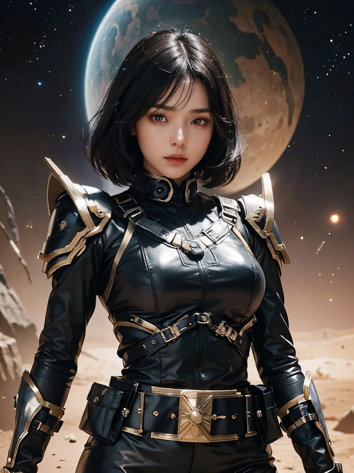 Upper body close-up image.A beautiful woman. 20s. Black hair. She wears a metallic black battle uniform. There is something on his waist that is reminiscent of Kamen Rider's transformation belt. An image of outer space and Mars in the space behind her. A masterpiece