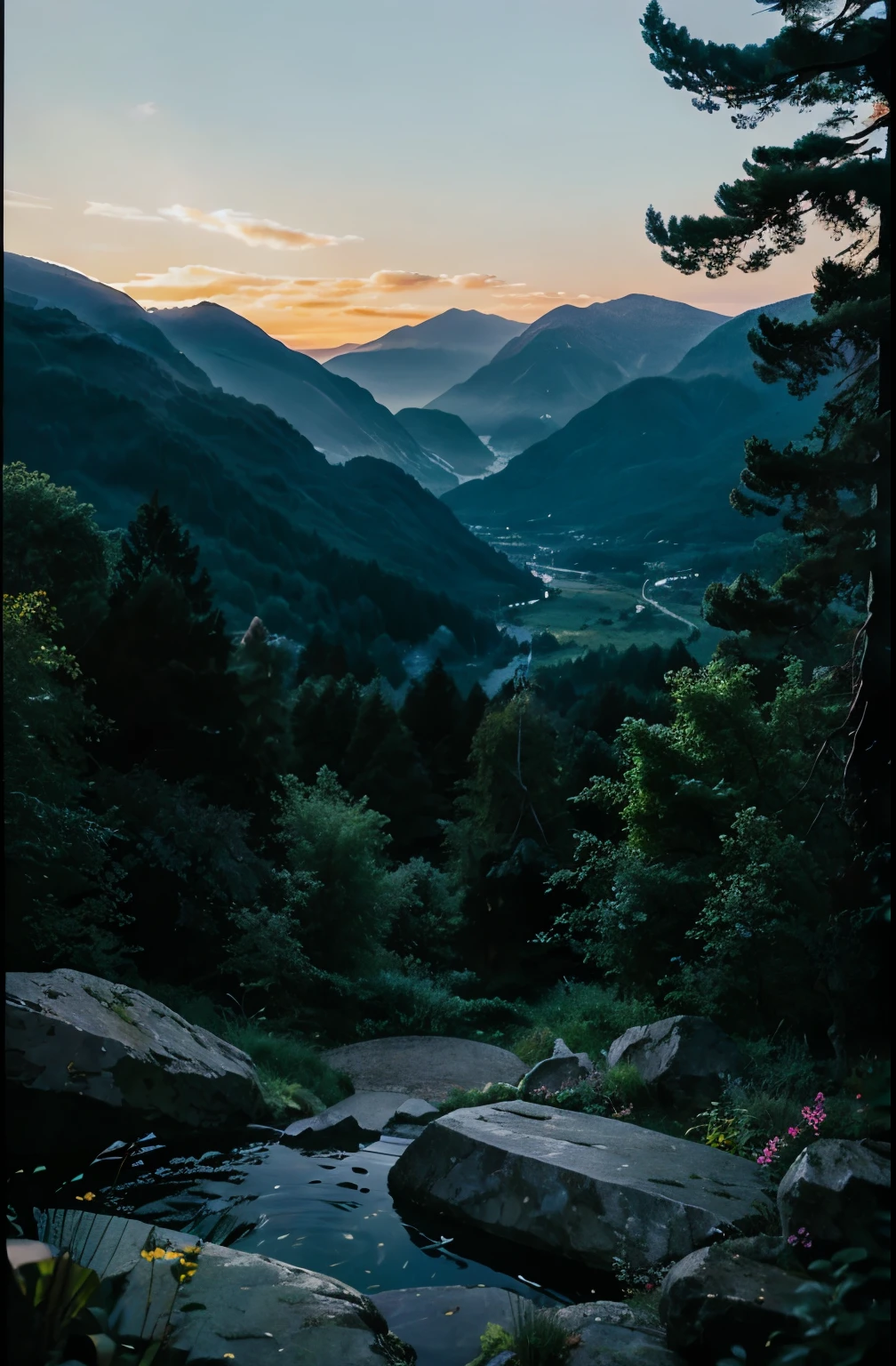 8k, masterpiece, best quality, forest, flowers, flat stone in the middle, moonlight shining on the stone, calm forest