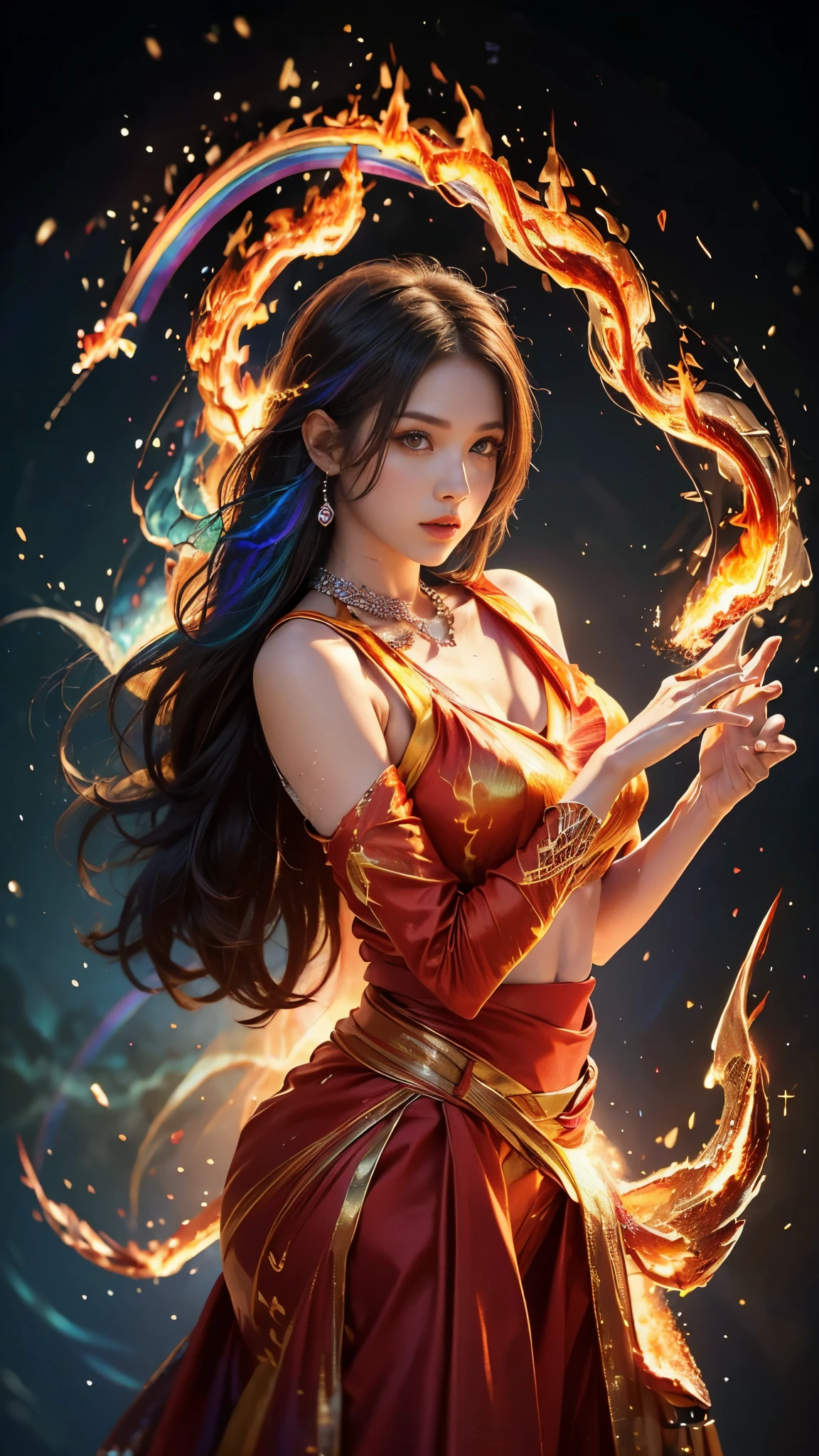 (((anime-style art))), (fantasy-themed), (((high resolution))), masterpiece,((female elemental mage)), (in her (30s)). busty figure, beautiful eyes, beautiful face, beautiful expressions, long hairs, ((Her flowing robes seamlessly blend with motifs representing (water, fire, earth, and air), each element portrayed with vibrant hues, flickering flames, earthy tones, and wispy, ethereal patterns.))((three-quarter shot)))