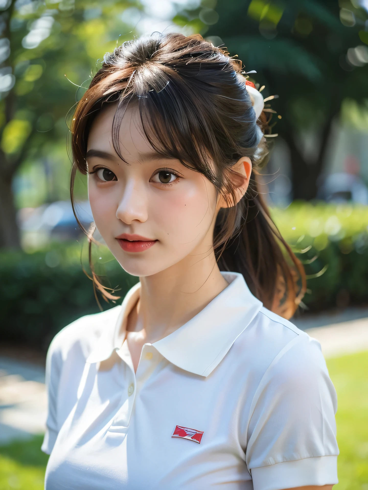 masterpiece, highest quality, RAW photo, 8k, 1 girl, close, cute, Girly, shy, embarrassing, smile, focus on the face, (the face is in focus:1.2) Fine and beautiful skin, Backlight, soft light,  luminescent, look away, anatomically correct, medium hair, hair up, bangs, Eye and face details, rough skin, professional photography, Bokeh, portrait, professional lighting, alone, film grain, polo shirt, 
