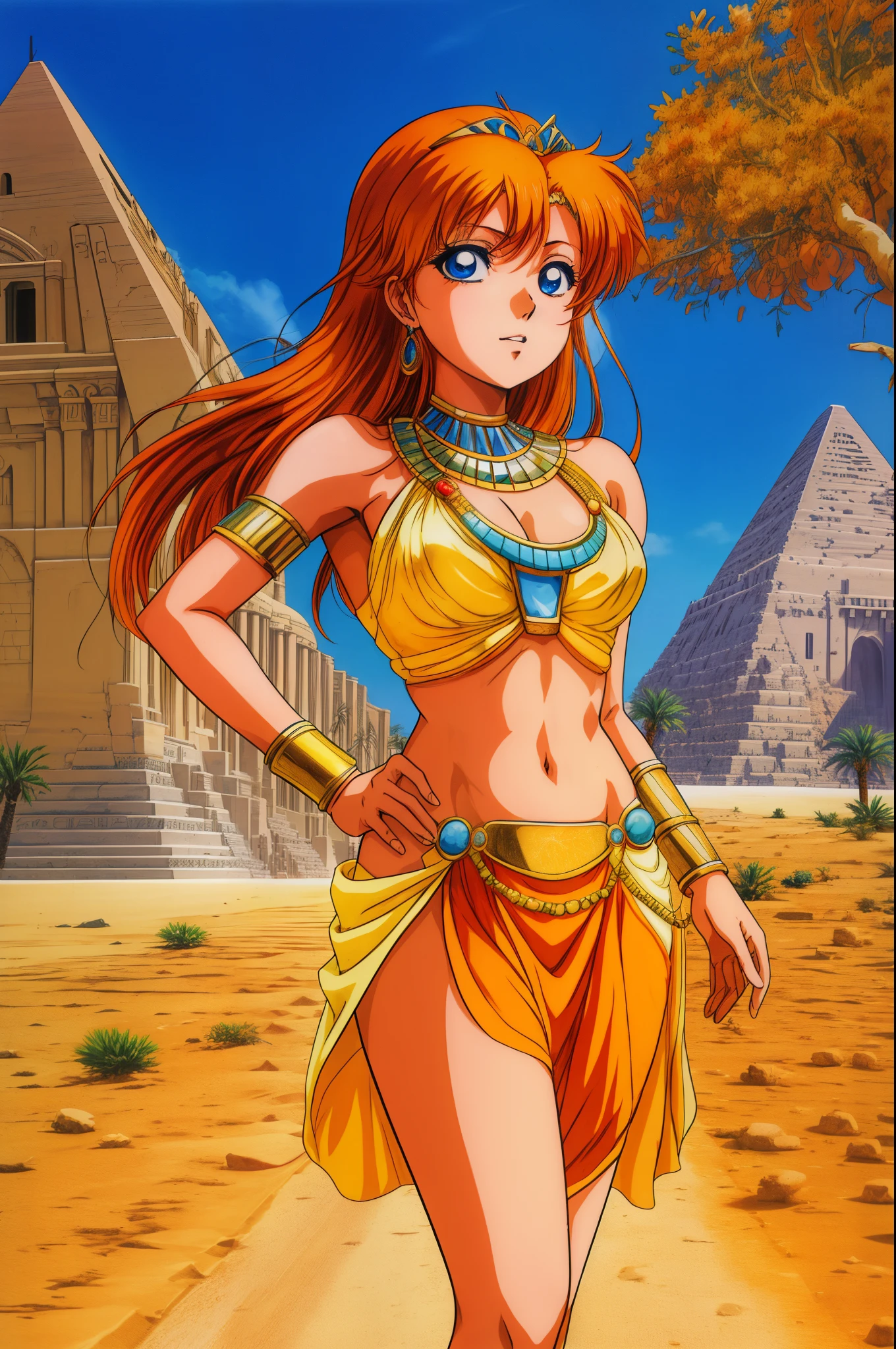 Masterpiece,kousaka honoka, blue eyes, orange hair,beautiful , looking away,arrogant,(one hand on hip one hand on hair),thighs, ,navel,midriff,cleavage,(golden exposing Egyptian dress), tiara,in Egyptian desert,1980s \(style\)