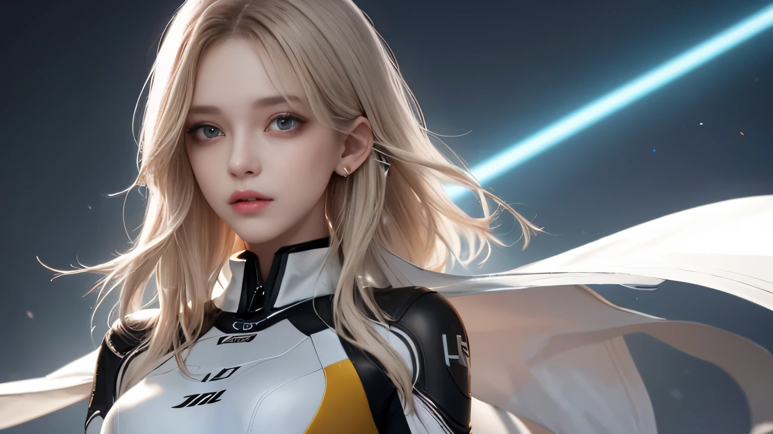 optimal，master piece，High resolution，best quality，hyper hd，super detail，Award-winning，16k，solo，（Upper body），correct anatomy，beautiful cyberpunk girl，cute face，，gradation beige hair，hair line，（（scarlet eyes）），long eyelashes，drooping corners of the eyes，white skin，（small ），（Because I&#39;m slender），（（Women&#39;s Super Short Shawl Leather Jacket）），（（racing_suit）），（（height_skirt）），ear studs，（neck ring），（laser material clothing：1.2）